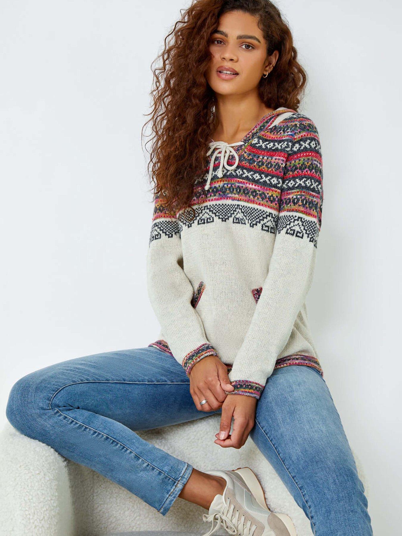 Roman Nordic Print Knitted Hooded V-neck Jumper - Ivory