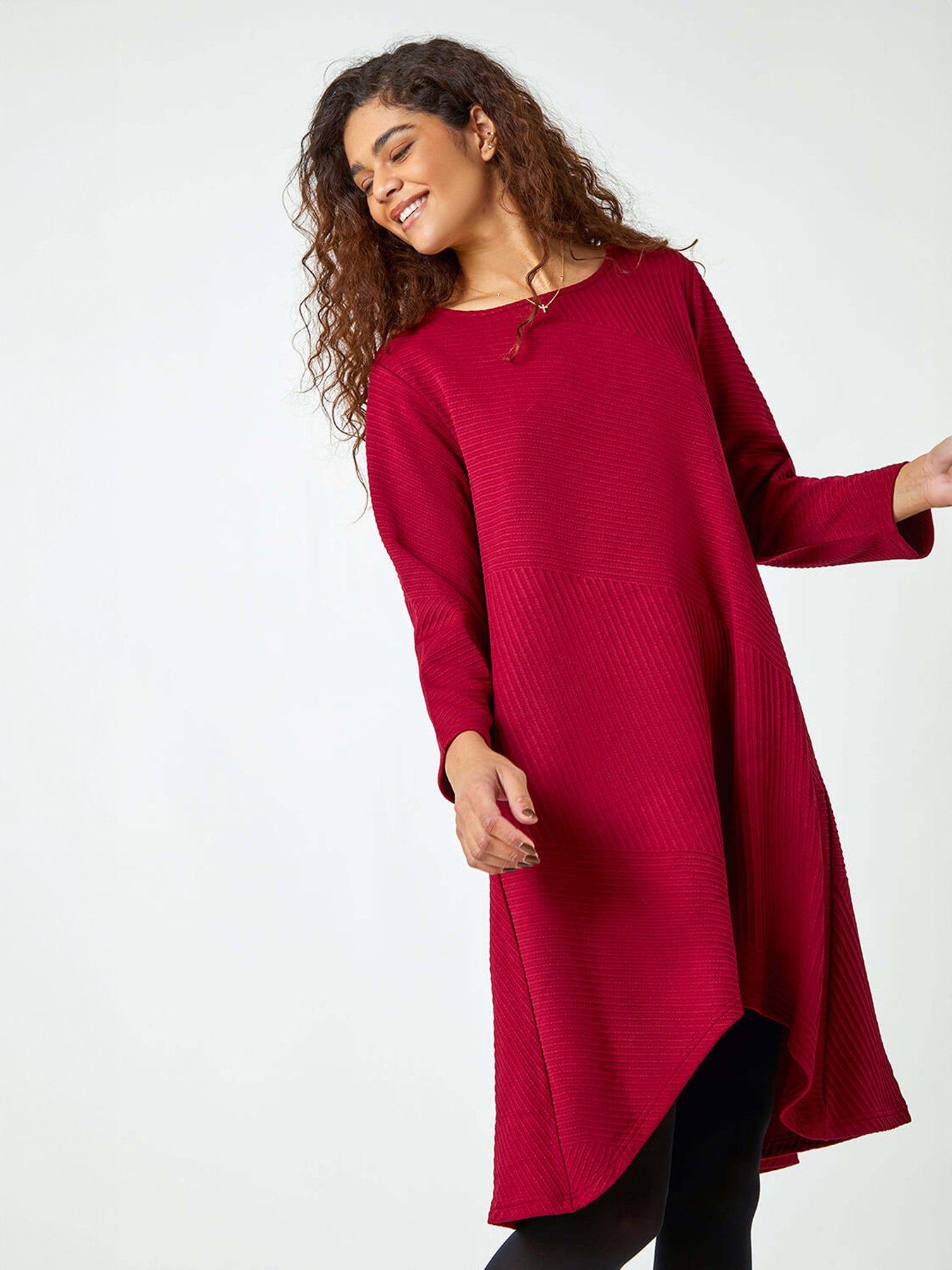 Roman Ribbed Asymmetric Stretch Dress - Wine