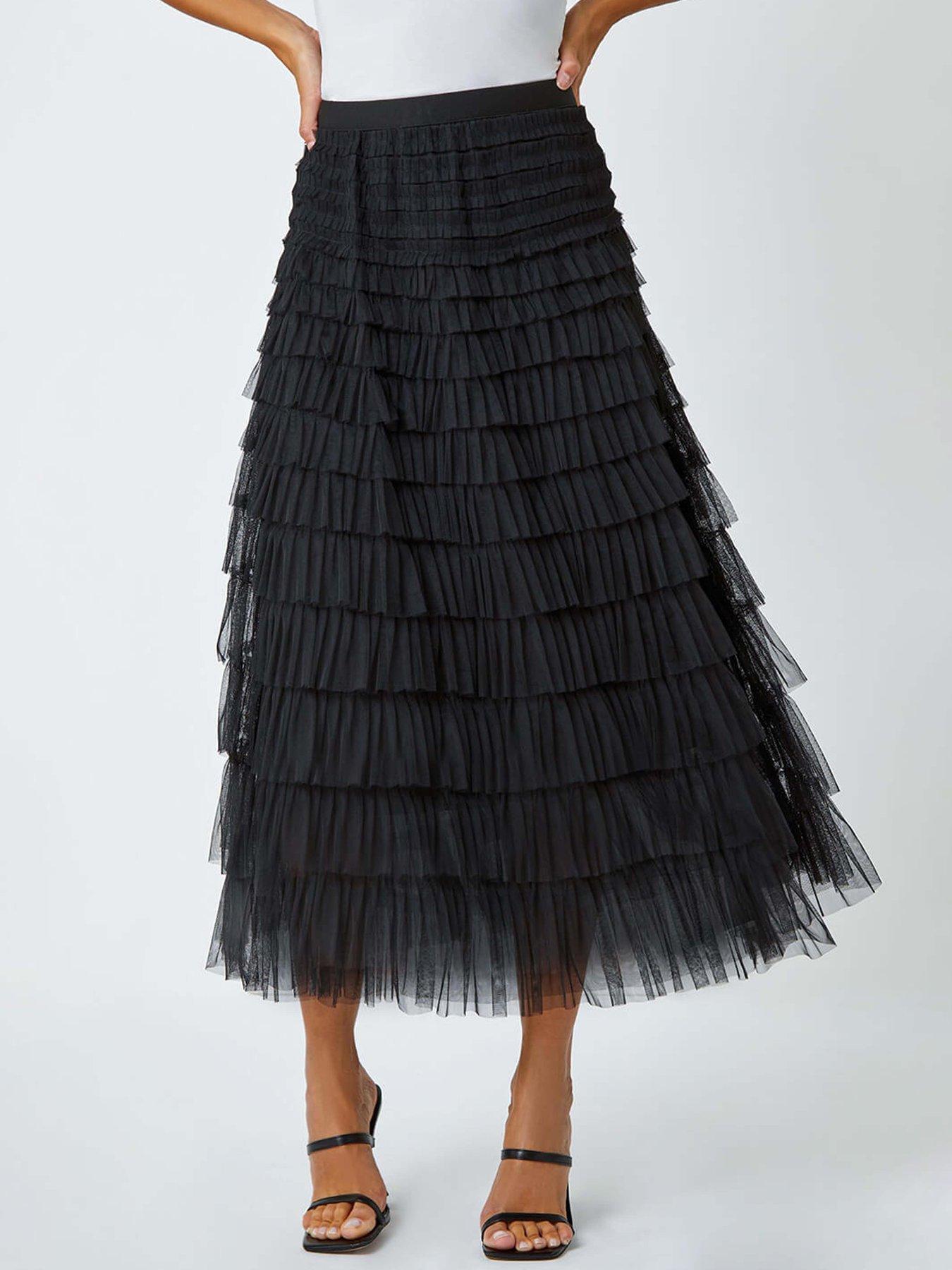 Roman Elasticated Mesh Tiered Ruffle Skirt - Black