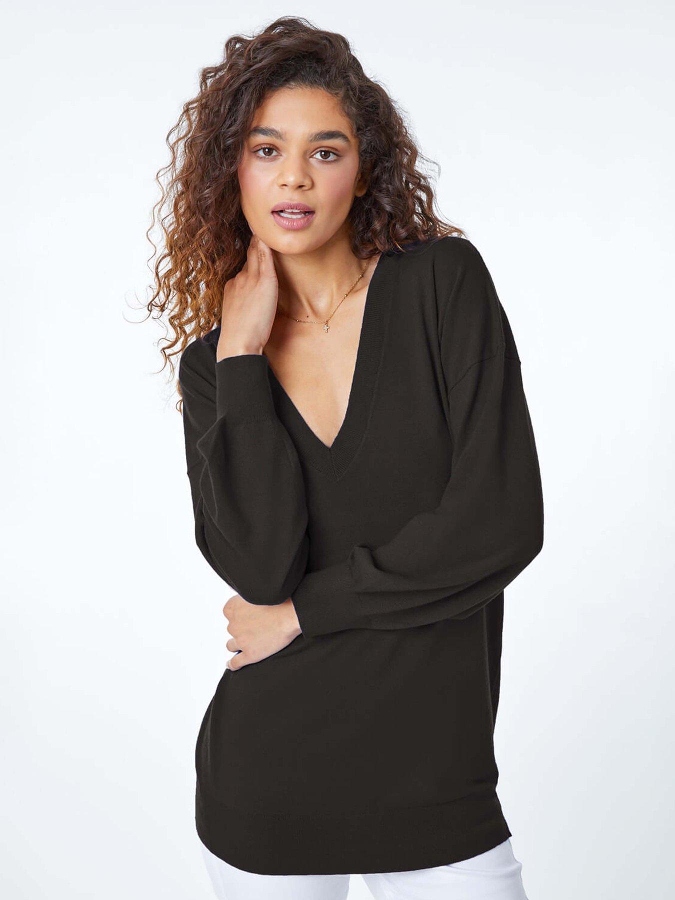 undefined Plain Stretch V-neck Longline Jumper - Black