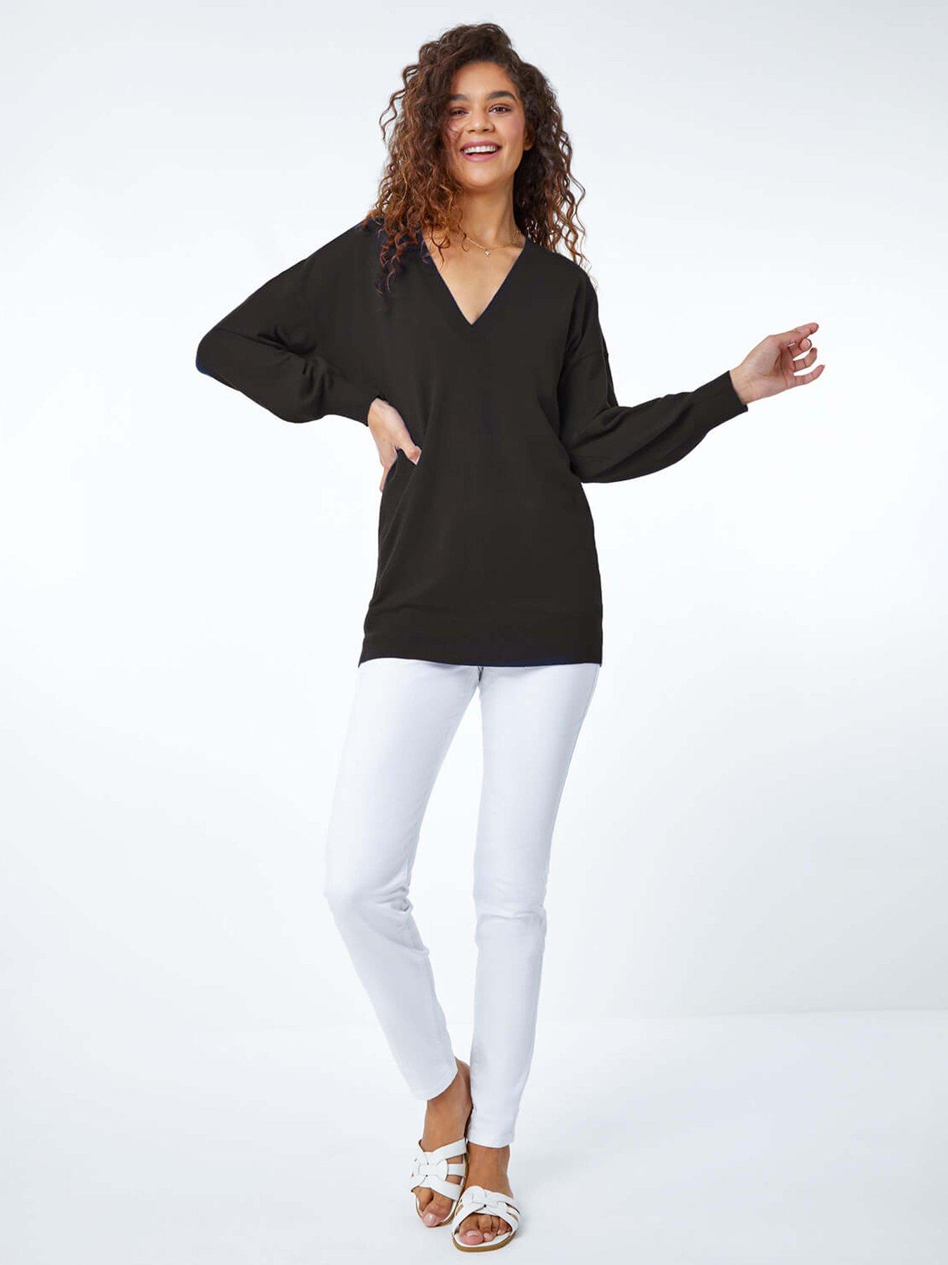 Image 3 of 5 of Roman Plain Stretch V-neck Longline Jumper - Black