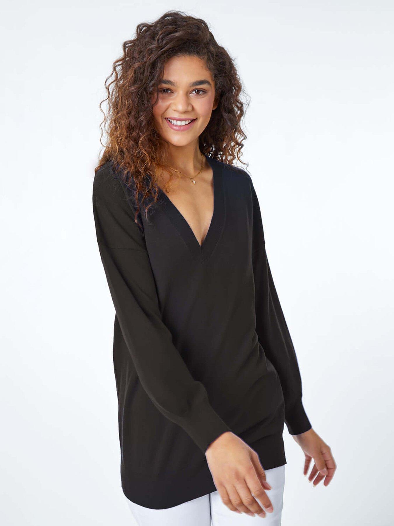 Image 5 of 5 of Roman Plain Stretch V-neck Longline Jumper - Black