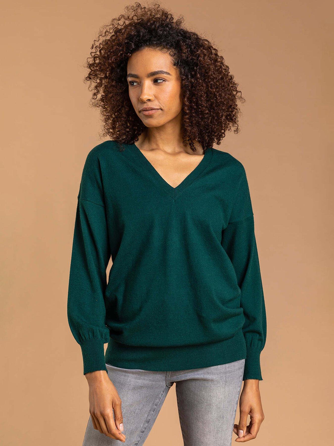 Roman Plain V-neck Stretch Longline Jumper Dark Green Very
