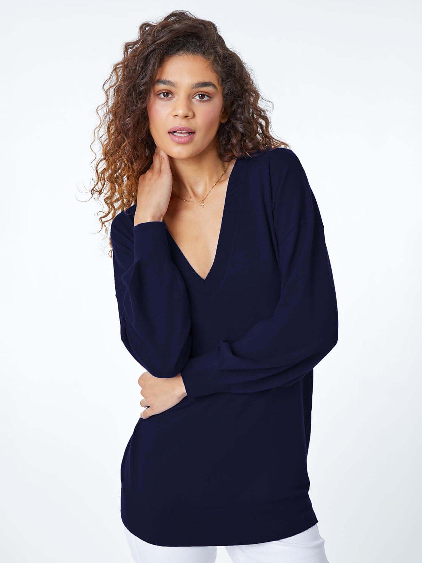 undefined Plain Stretch V-neck Longline Jumper - Navy
