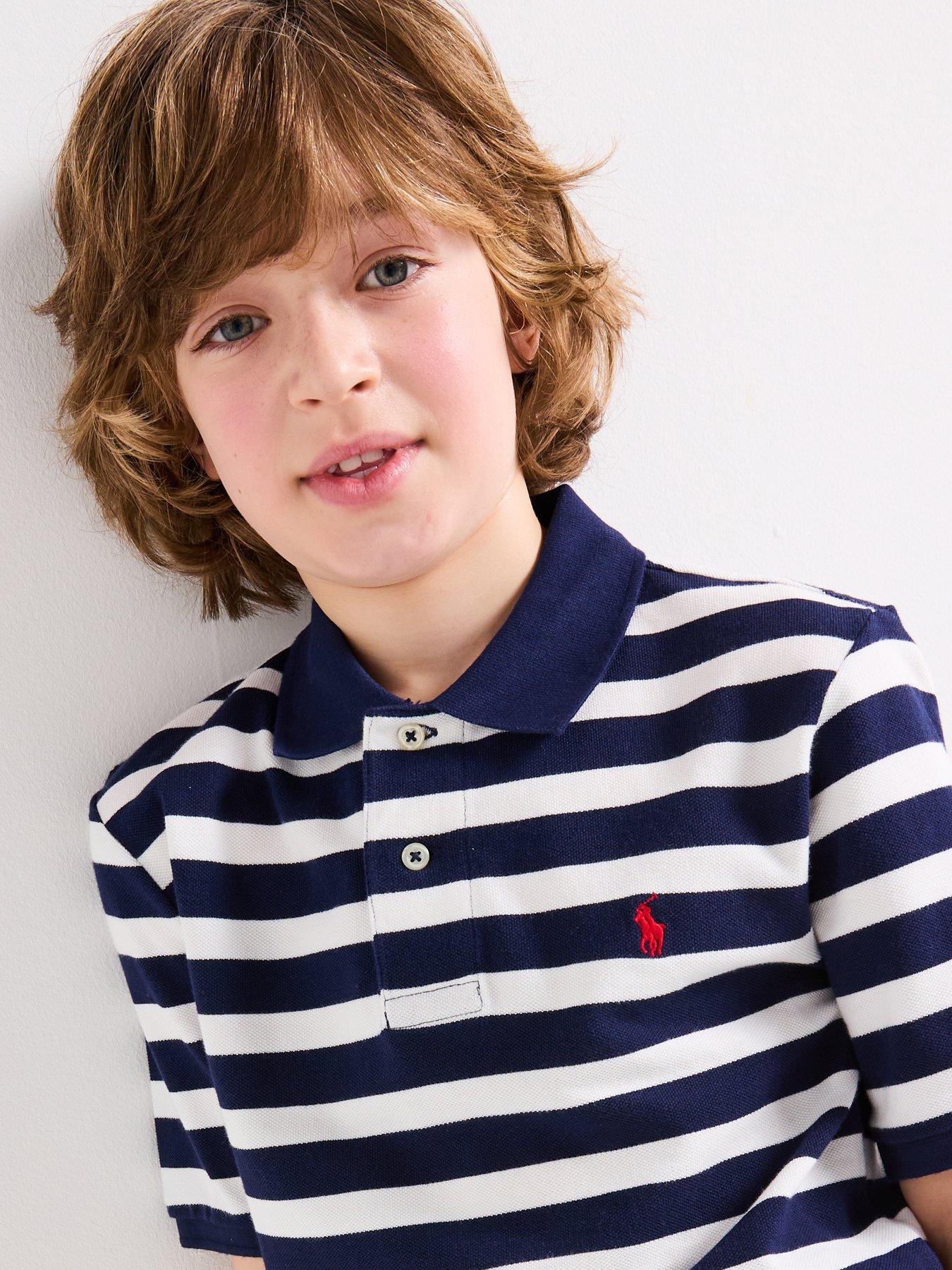 Image 3 of 6 of Polo Ralph Lauren Boys Short Sleeve Stripe Shirt - White/Navy