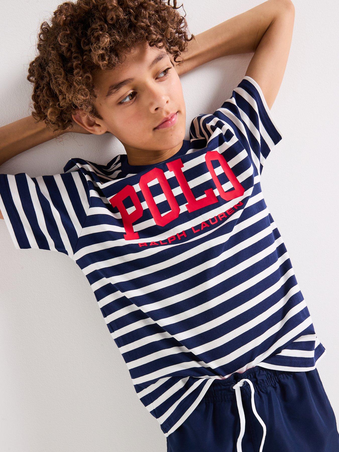 undefined Boys Stripe Logo Short Sleeve T-Shirt - White/Navy