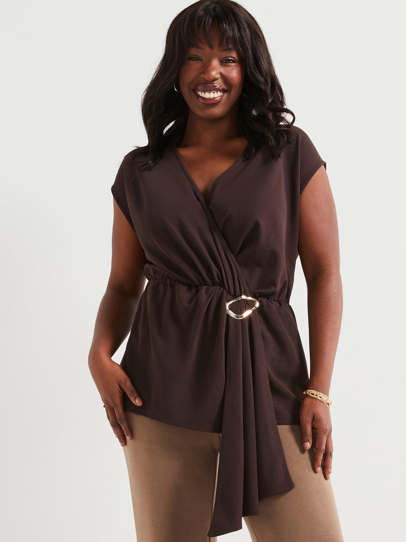 Image 1 of 6 of V by Very Curve Drape Wrap Stretch Top - Brown