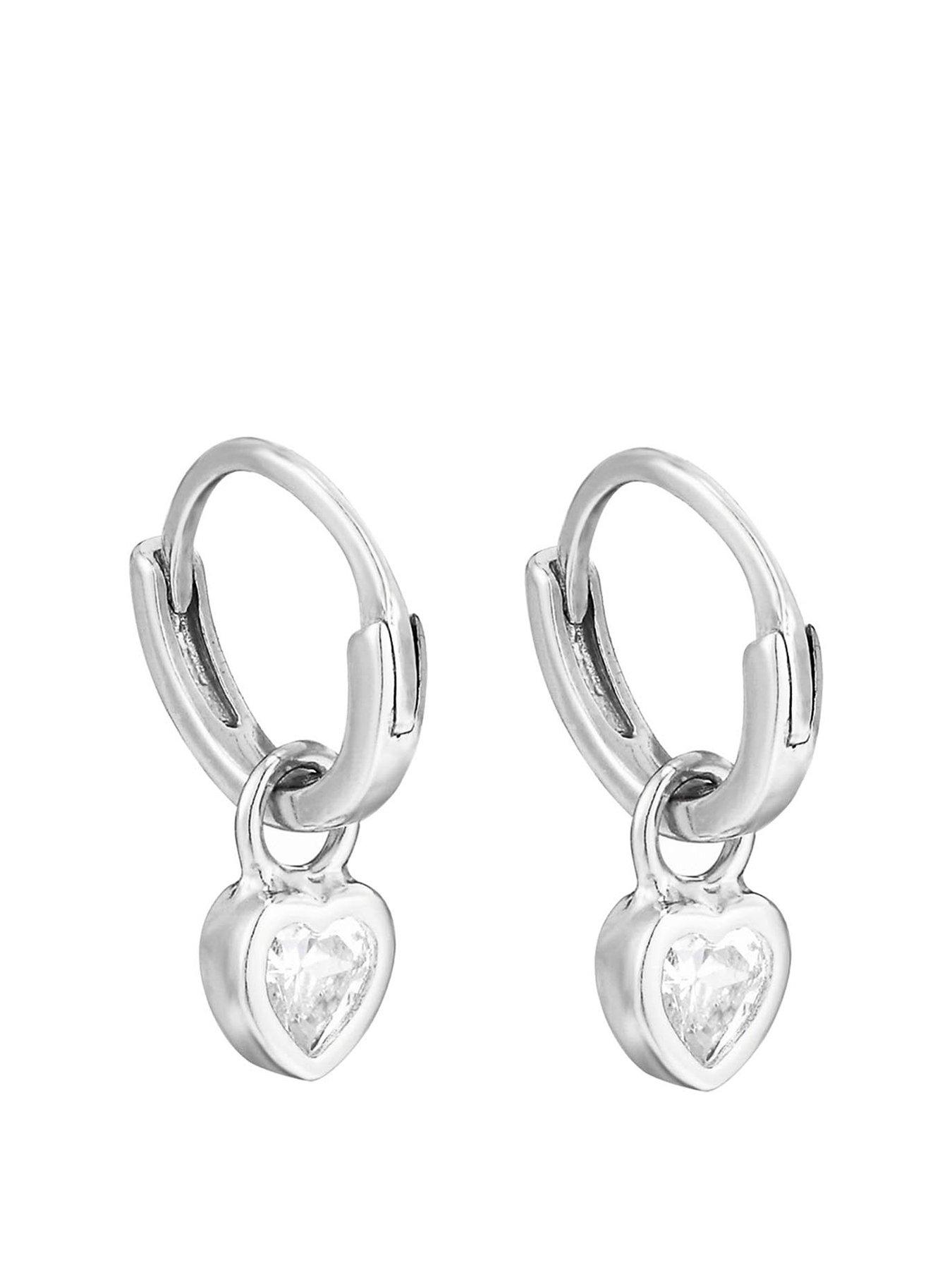 The Love Collection Sterling Silver CZ Heart Charm Huggie Earrings