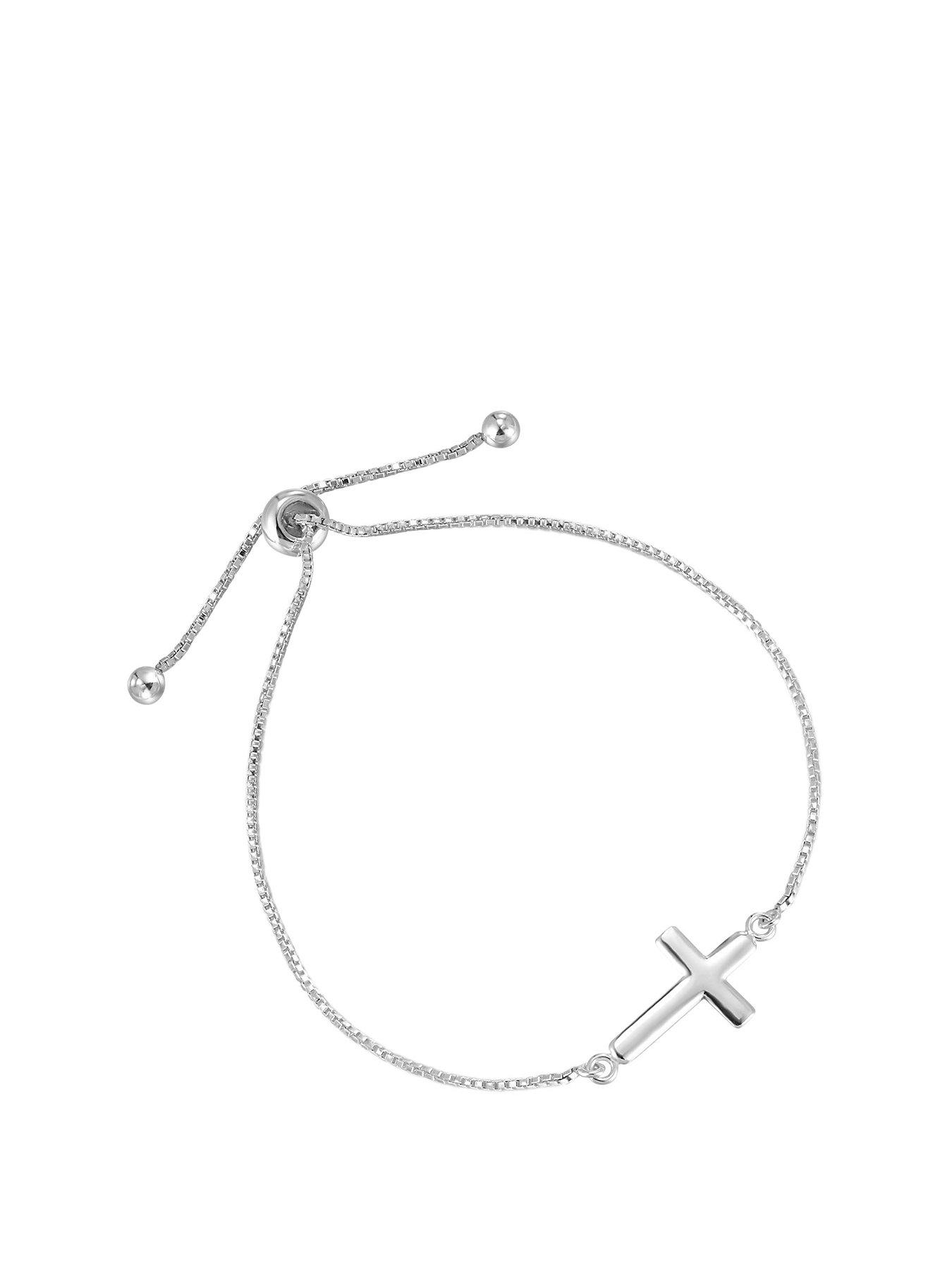 Product photograph of The Love Silver Collection Sterling Silver Cross Adjustable Bracelet from very.co.uk