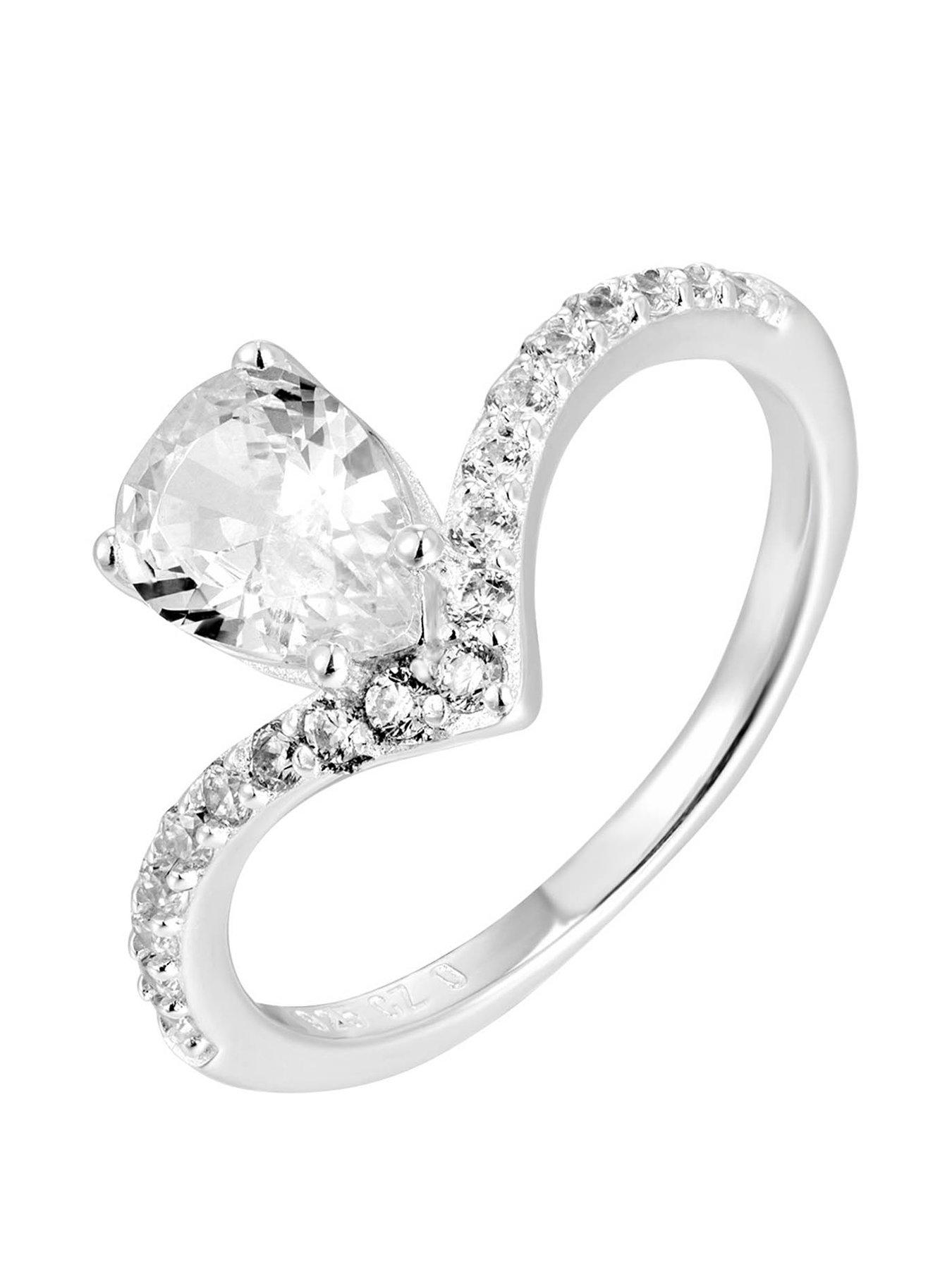 Product photograph of The Love Silver Collection Sterling Silver Cz Wishbone And Pear Cut Pave Engagement Ring from very.co.uk