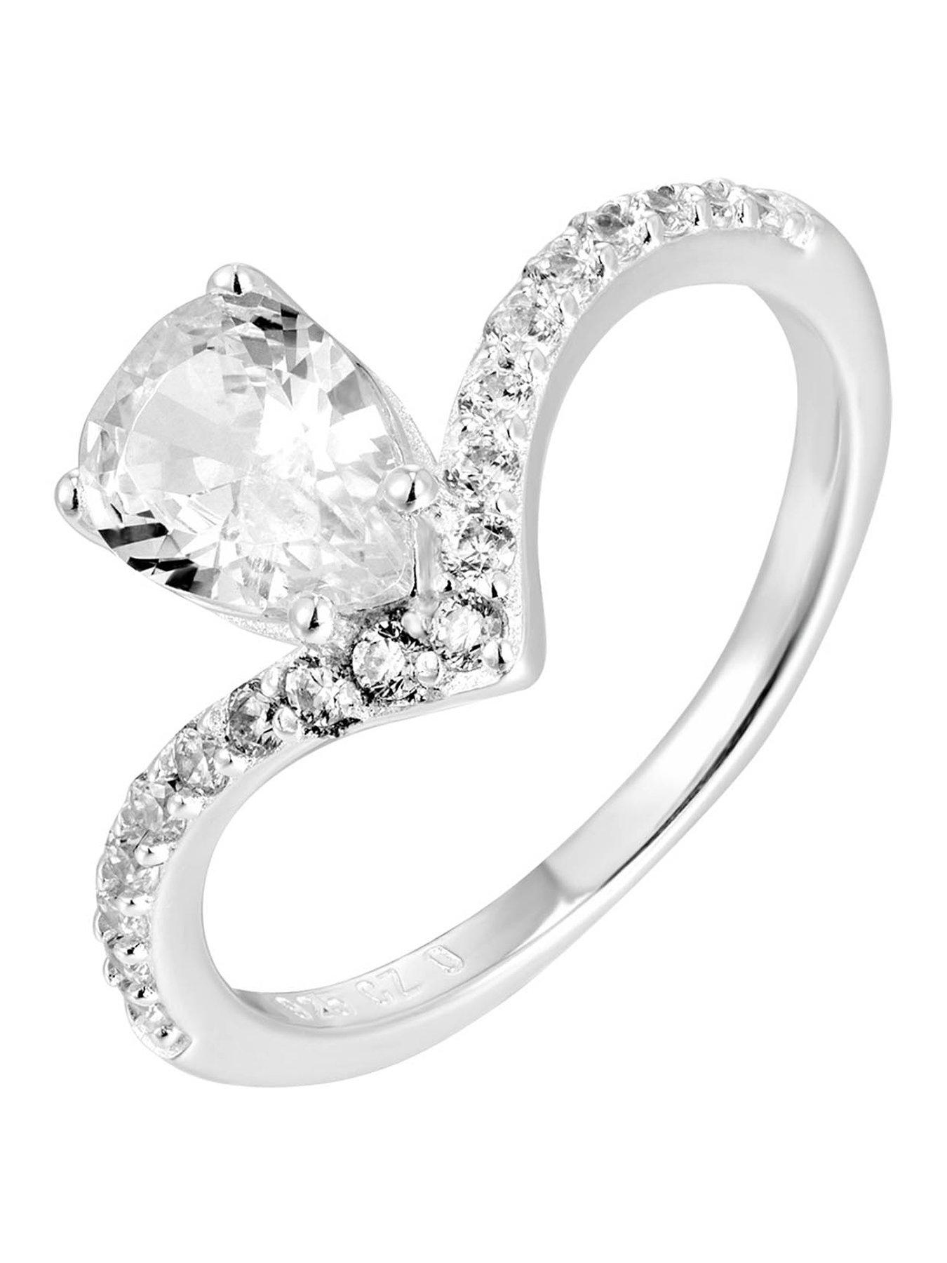 The Love Collection Sterling Silver CZ Wishbone and Pear Cut Pave Engagement Ring