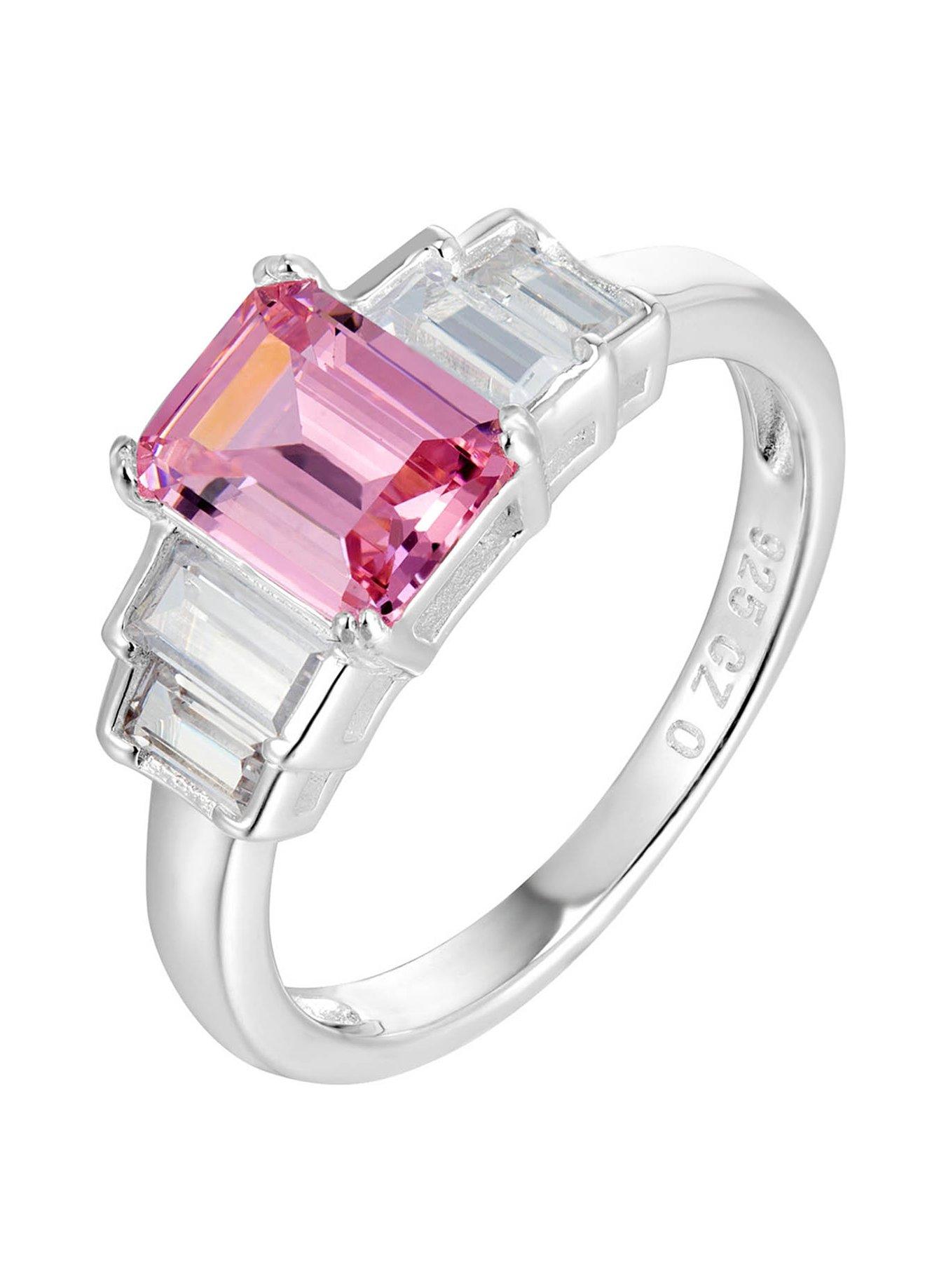 Product photograph of The Love Silver Collection Sterling Silver Pink Emerald Cut Cz Engagement Ring With White Cz Stones from very.co.uk