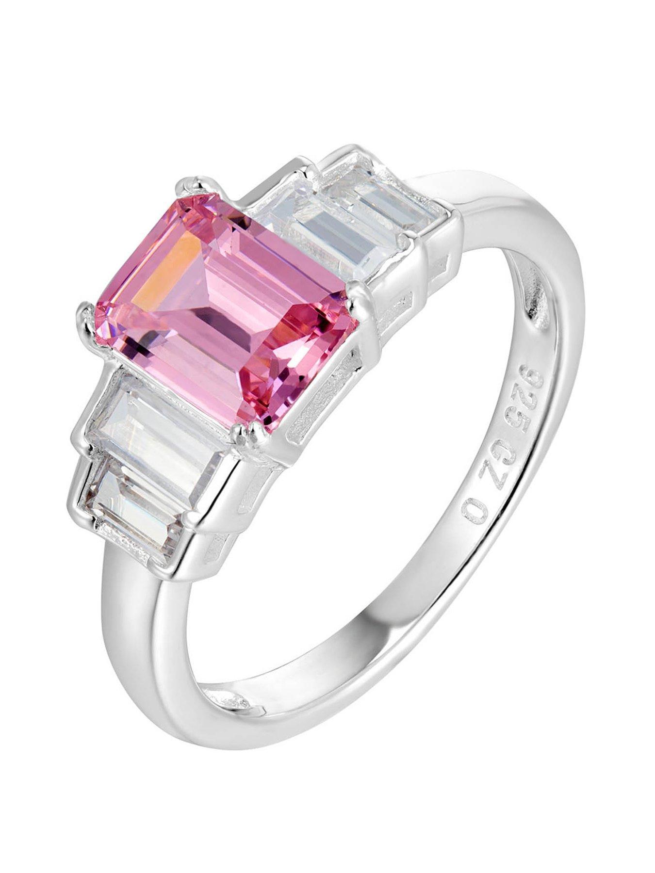 undefined Sterling Silver Pink Emerald Cut CZ Engagement Ring with White CZ Stones