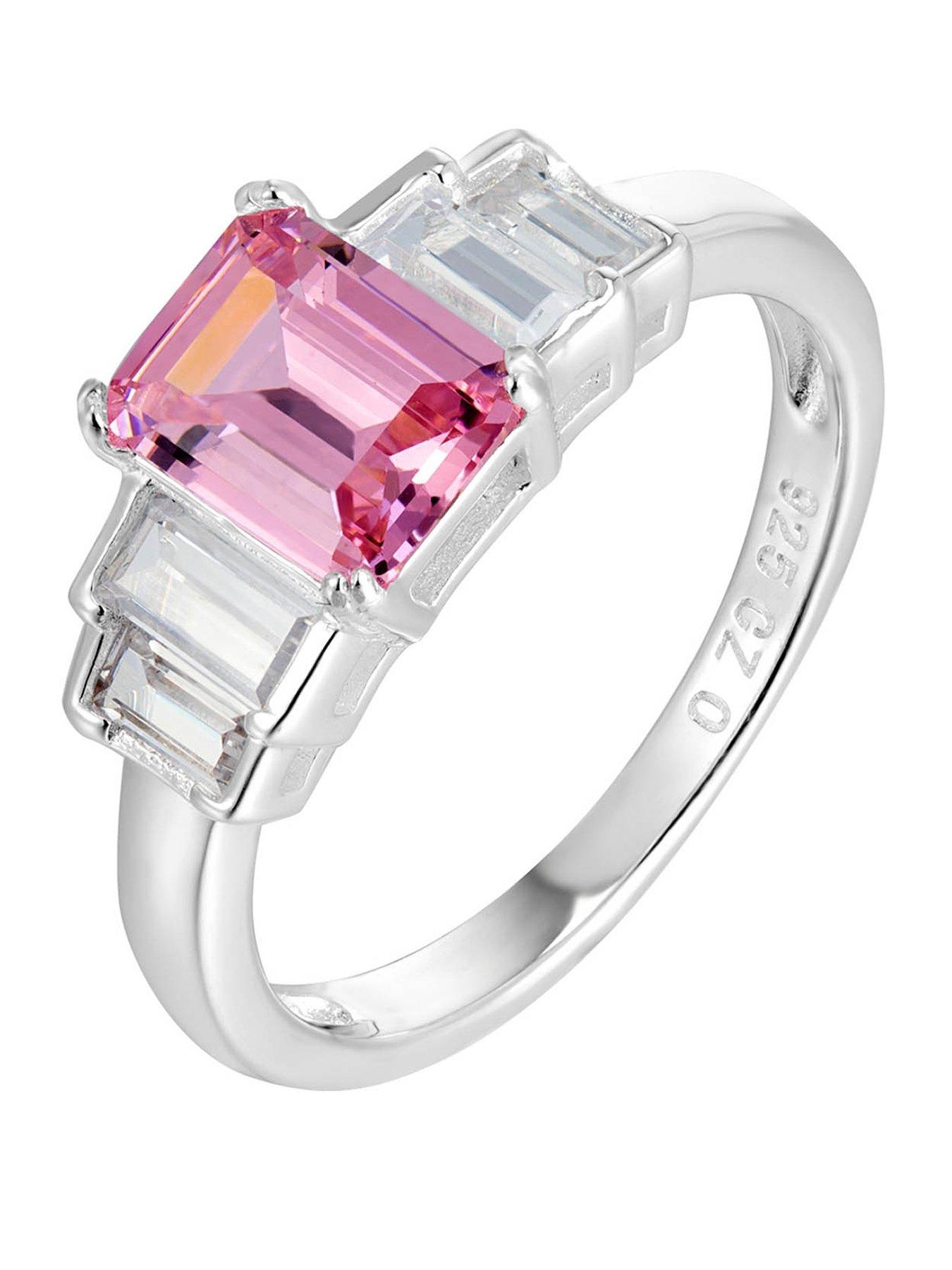 The Love Collection Sterling Silver Pink Emerald Cut CZ Engagement Ring with White CZ Stones