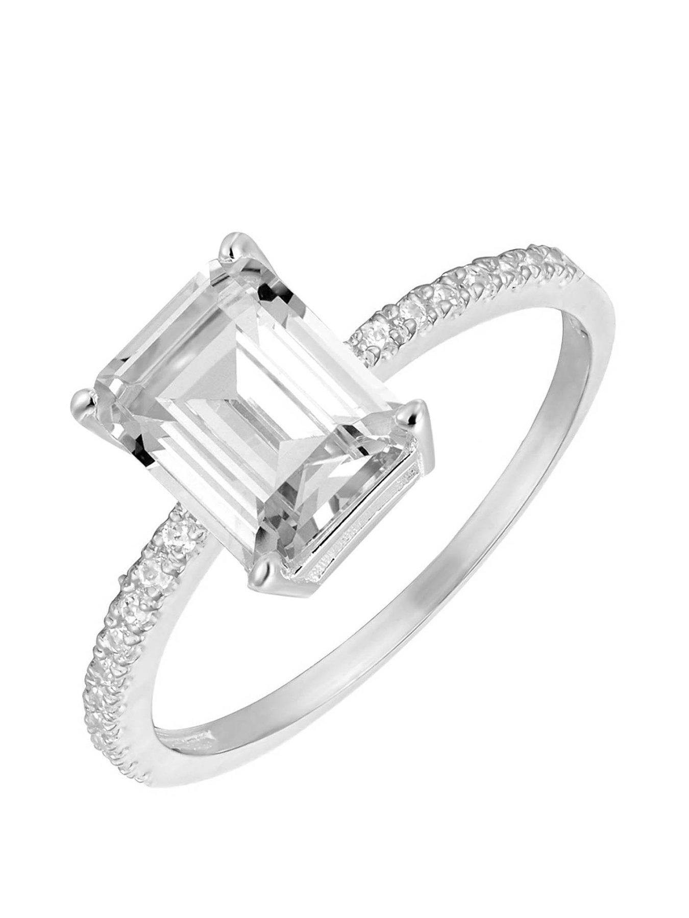 undefined Sterling Silver Pave Classic Emerald Cut CZ Engagement Ring