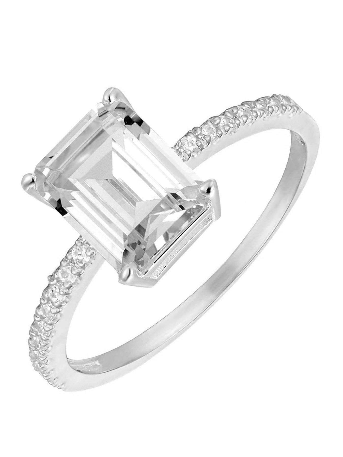 The Love Collection Sterling Silver Pave Classic Emerald Cut CZ Engagement Ring