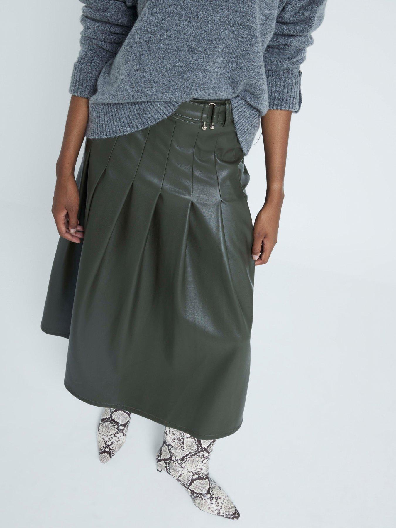 undefined Pu Pleated Midi Skirt - Dark Green