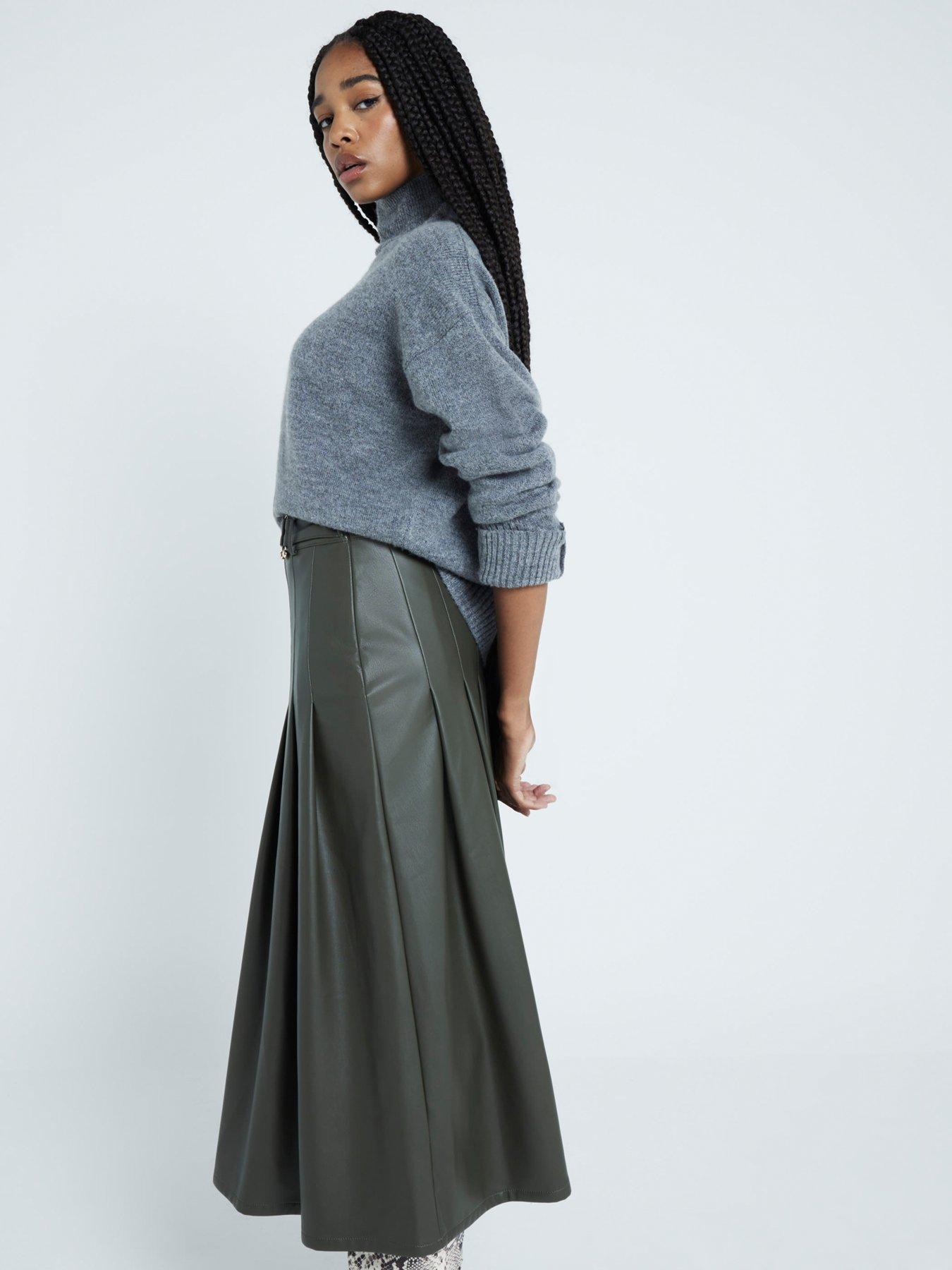 River Island Pu Pleated Midi Skirt Dark Green