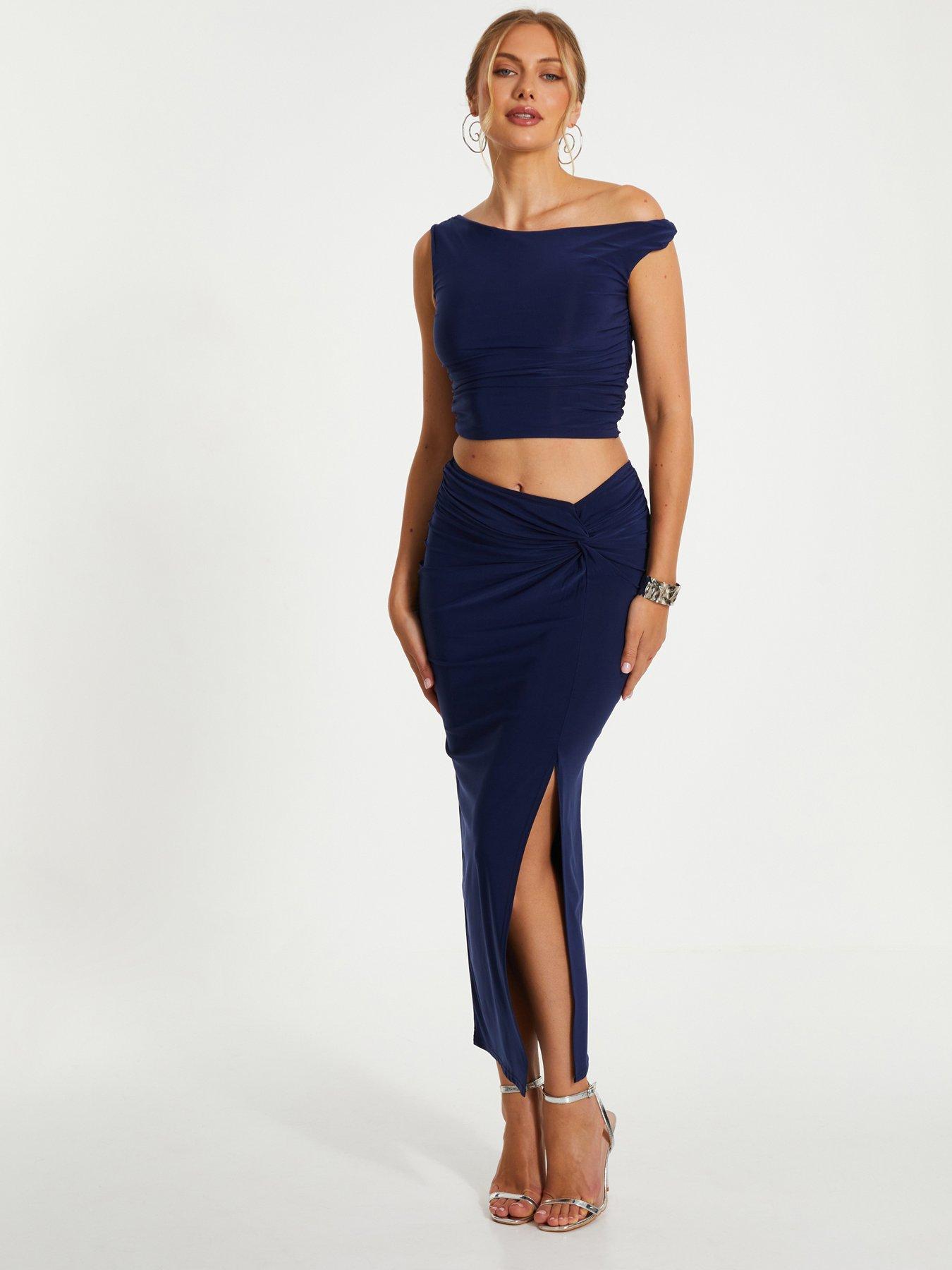 Image 1 of 6 of Quiz Indigo Ruched Split Maxi Skirt