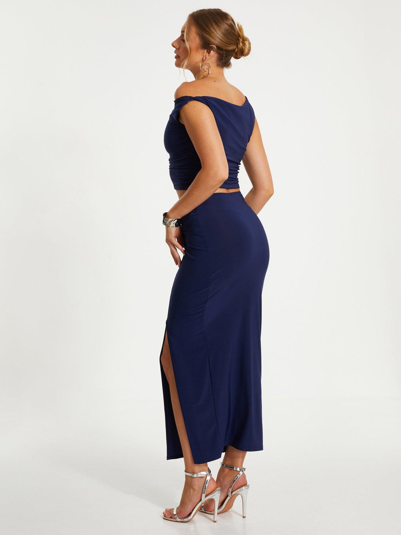 Image 2 of 6 of Quiz Indigo Ruched Split Maxi Skirt