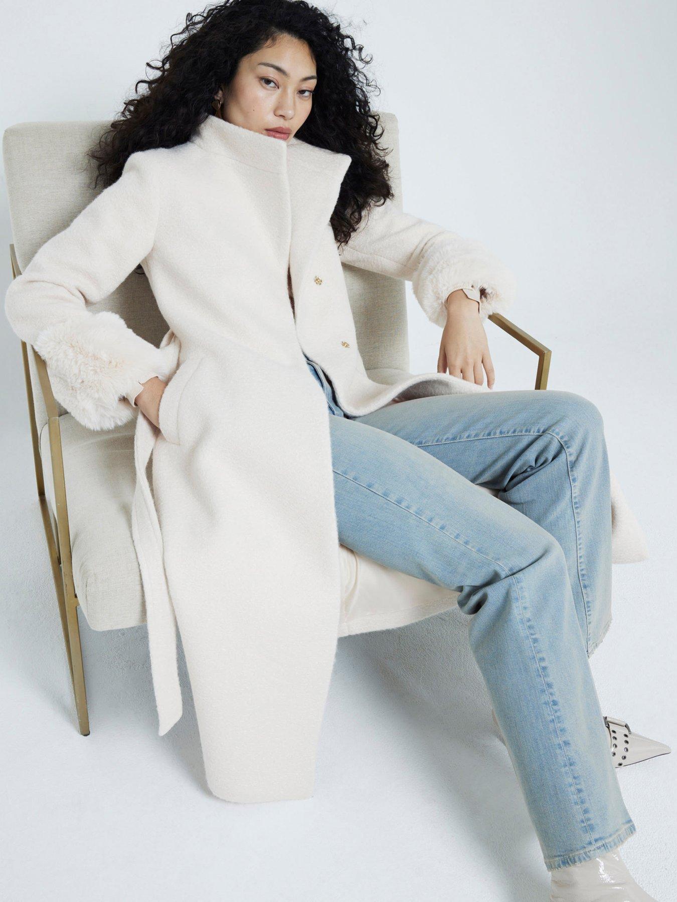 undefined Faux Fur Cuffed Wool Coat - Cream