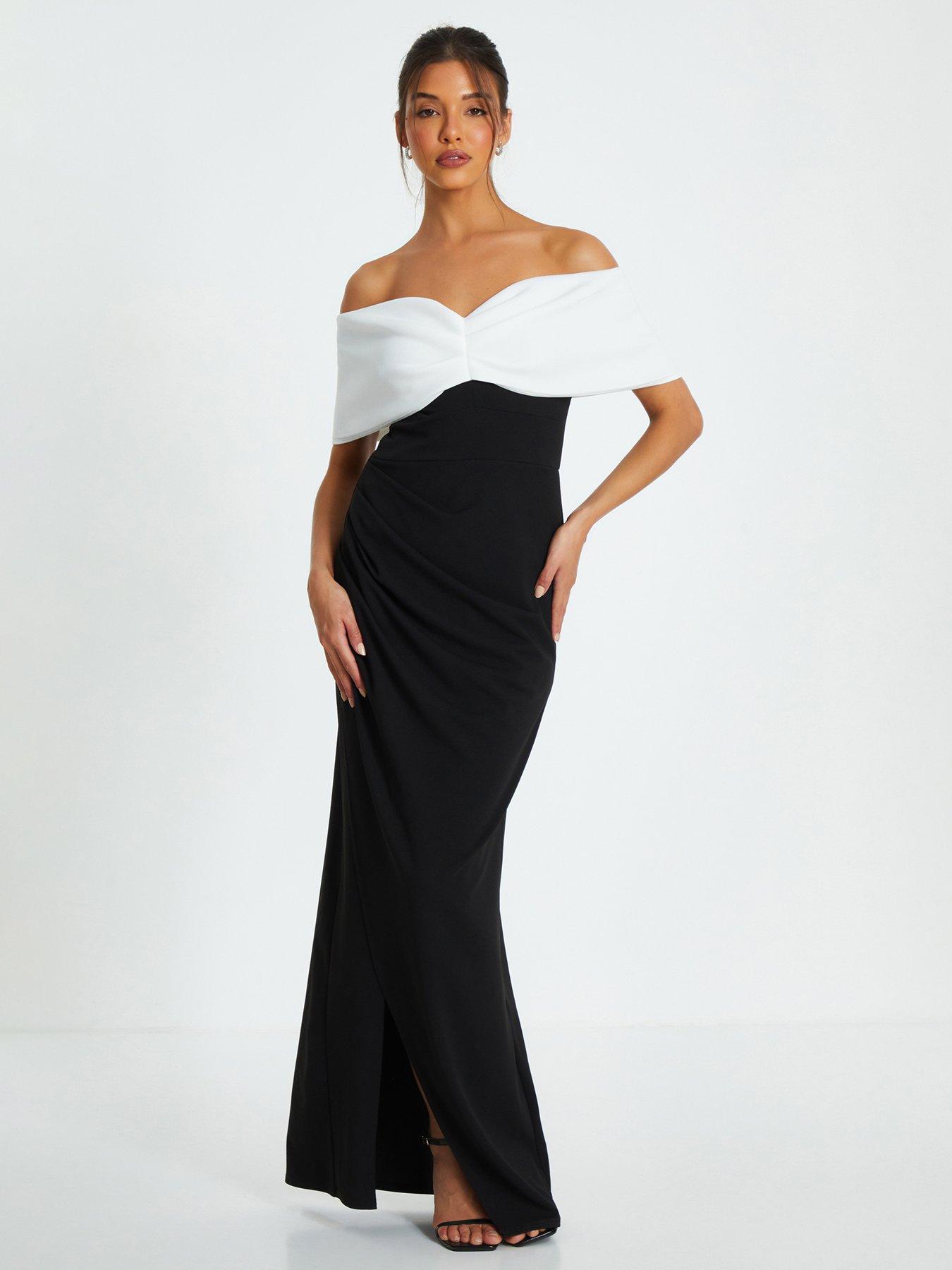 Quiz Contrast Bardot Ruched Maxi Dress - Black | Very