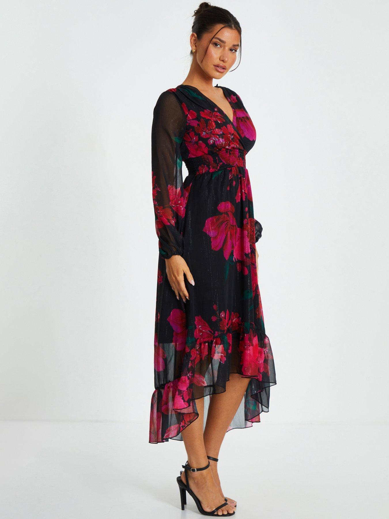 Boutique lo floral satin ruffle dip hem dress online