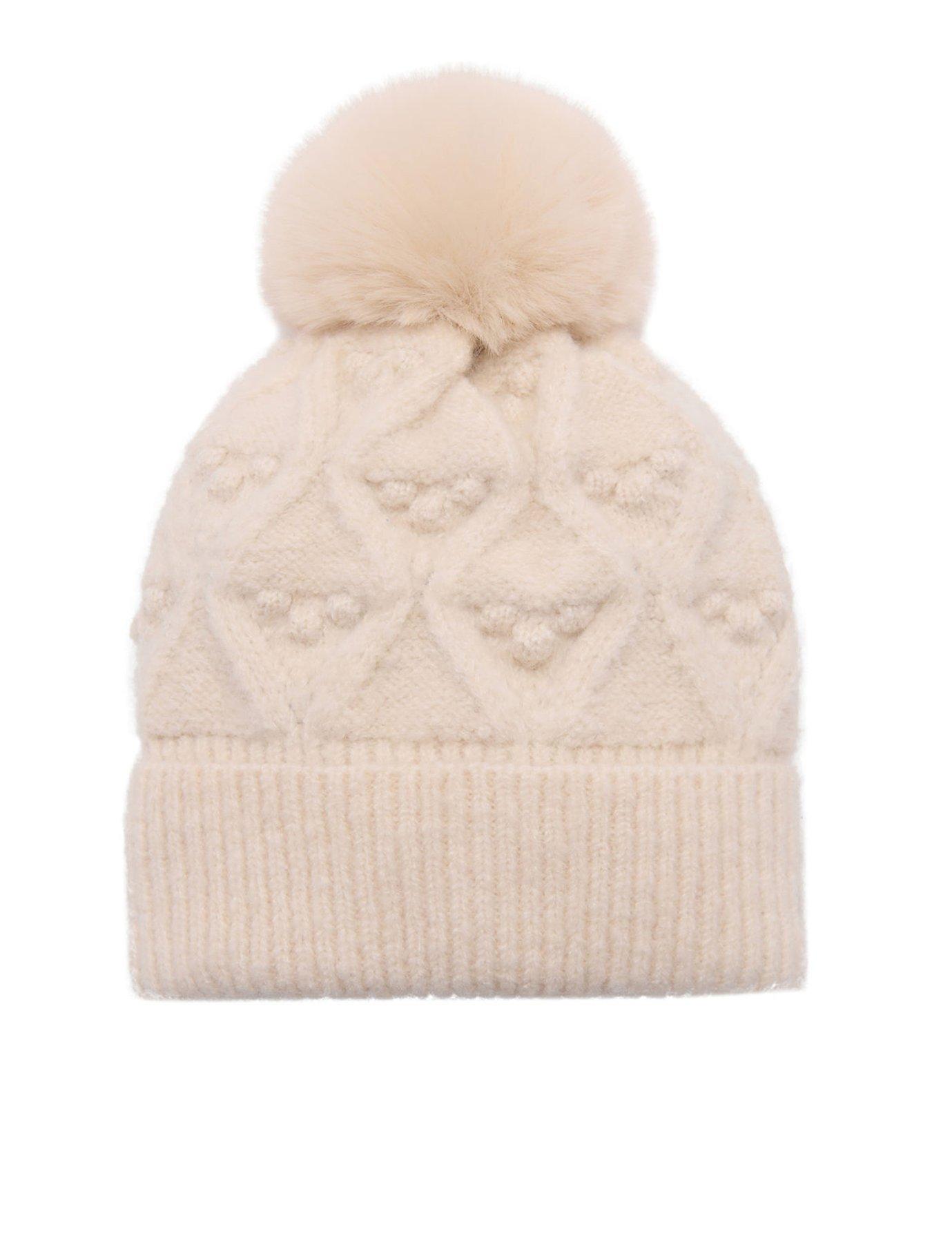 undefined Girls Knitted Pom Pom Hat - Beige