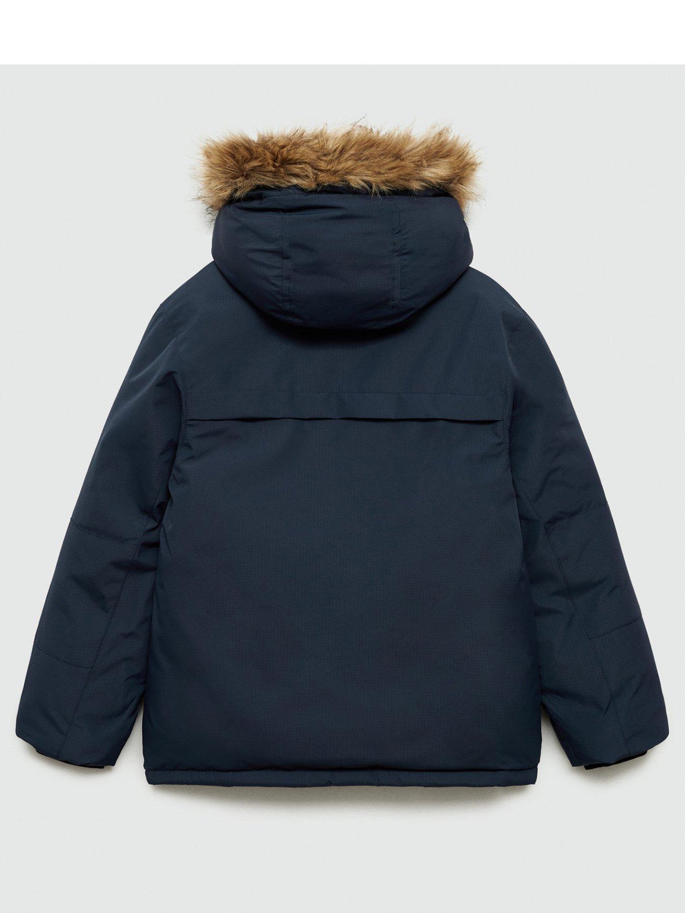 Boys Faux Fur Trim Coat Navy