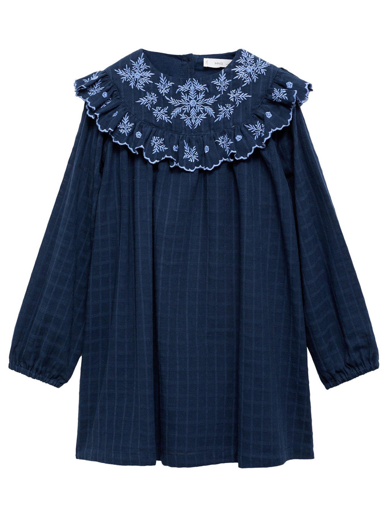 undefined Girls Embroidered Long Sleeve Dress - Navy