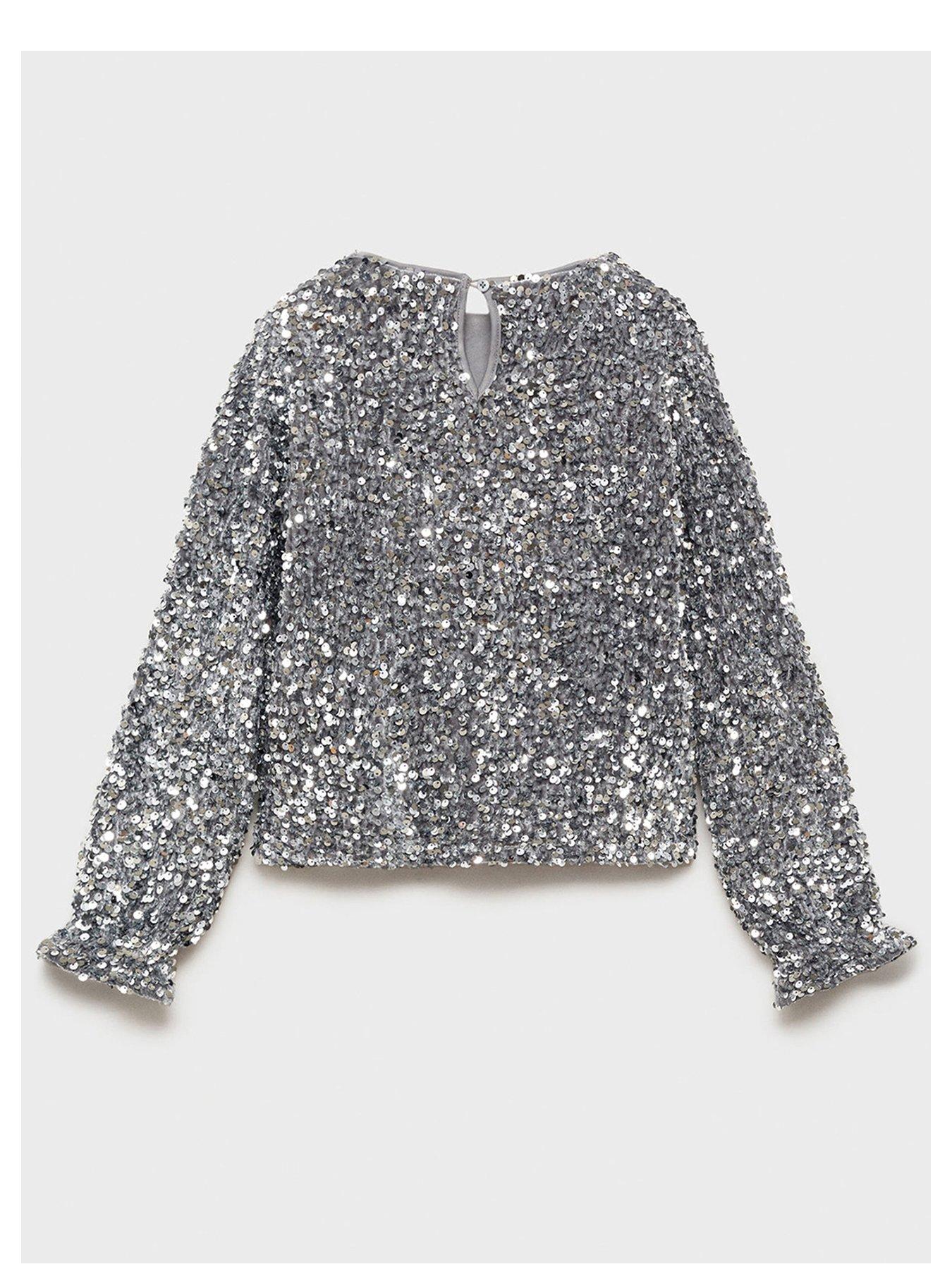 Mango Girls Sequin Long Sleeve Top Silver Very