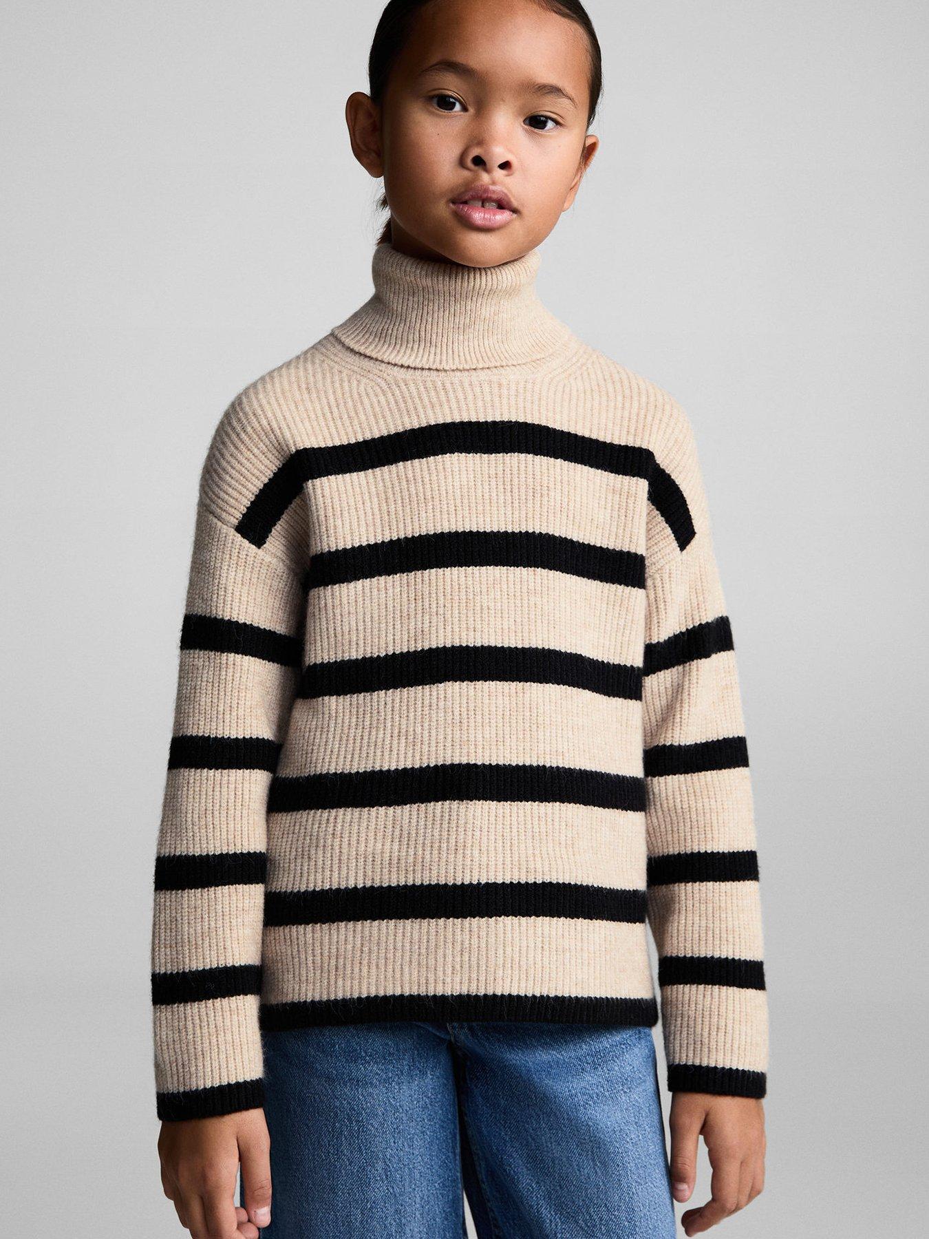 undefined Girls Striped Roll Neck Knitted Jumper - Beige