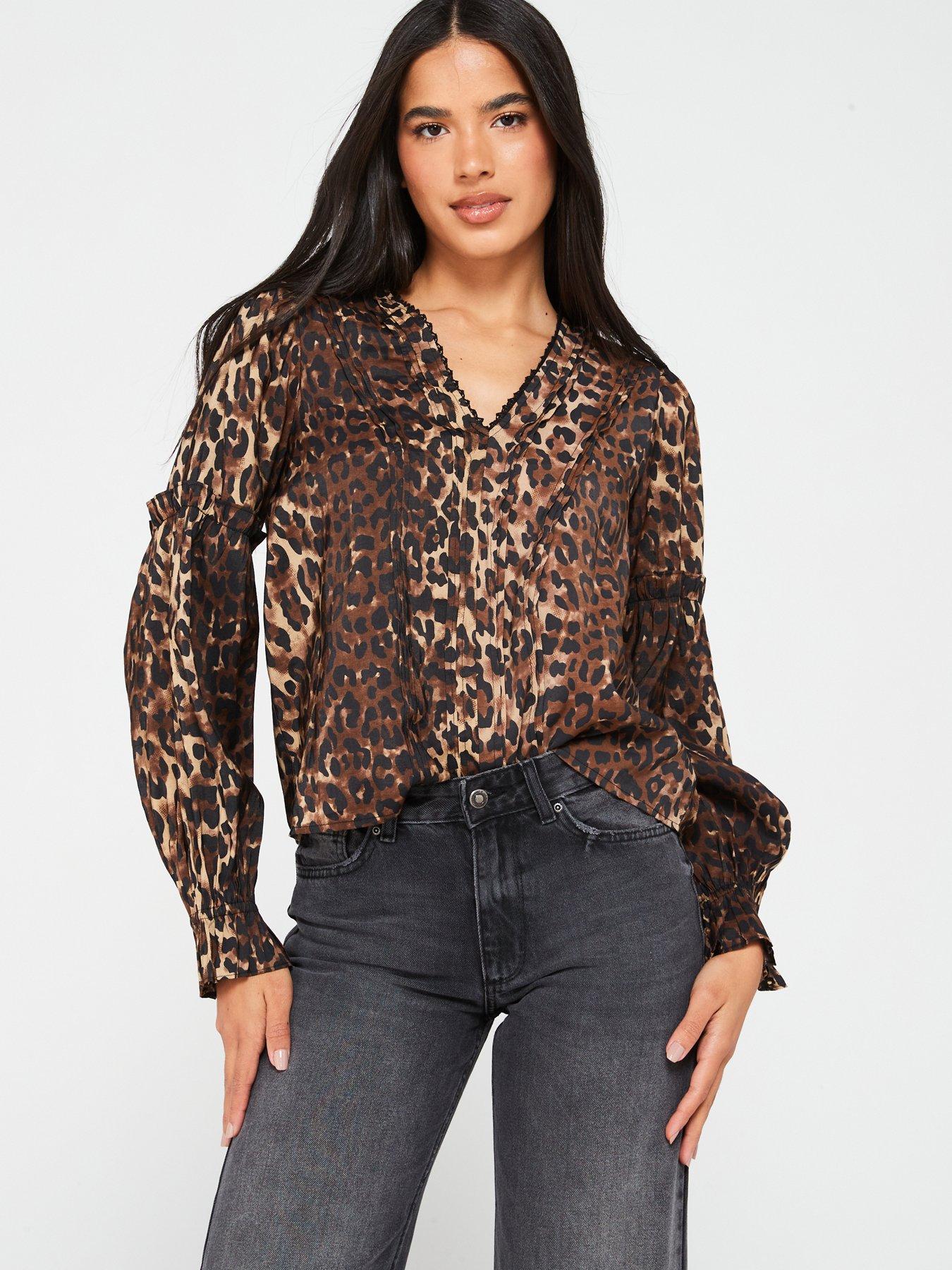 Verdusa Women's Leopard Print Long Sleeve Top - Colorblock Fall Tee, Round Neck, Fitted Casual Shirt