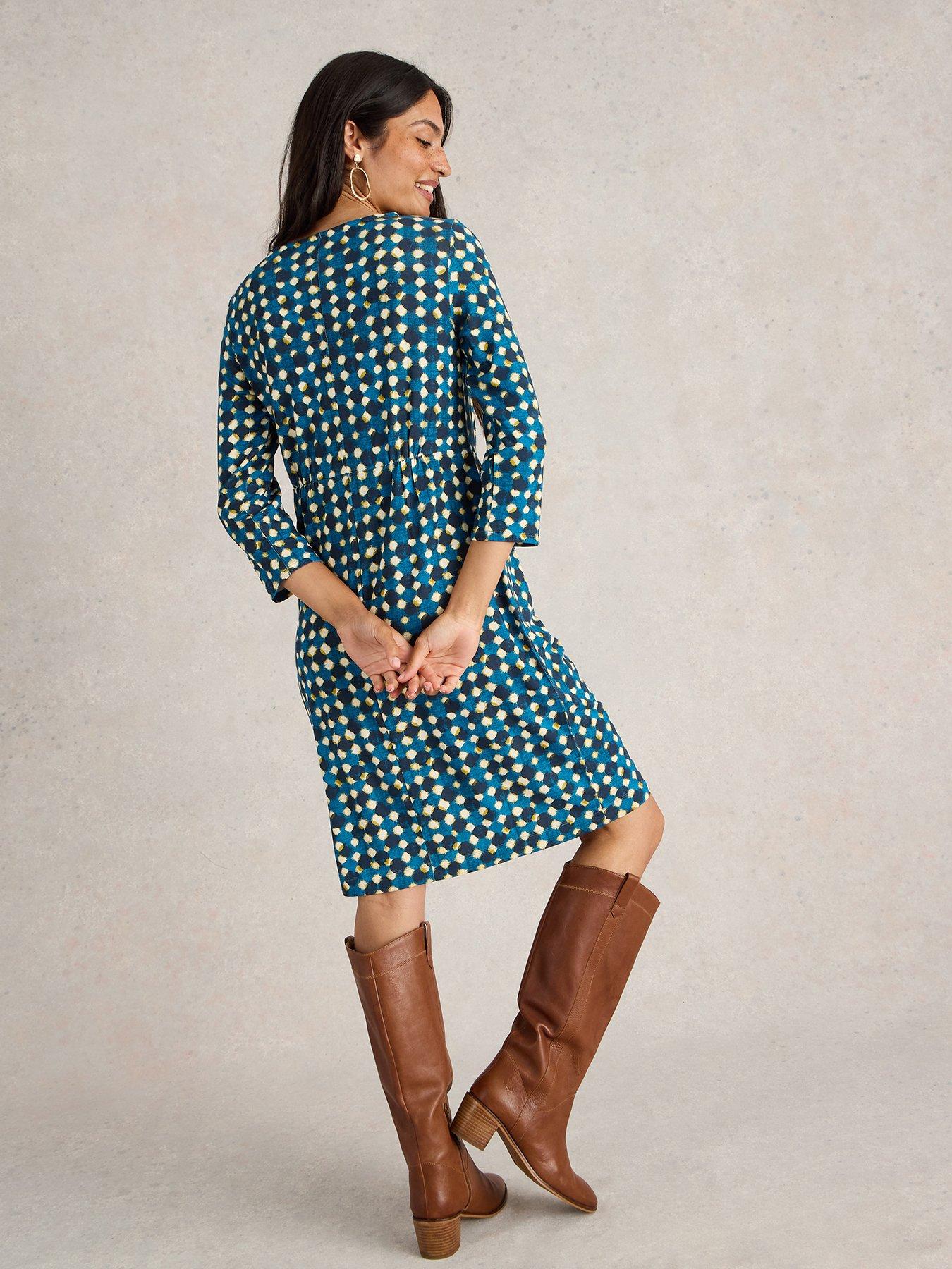 Image 2 of 5 of White Stuff Jersey Spot Column Knee Length Dress - Navy