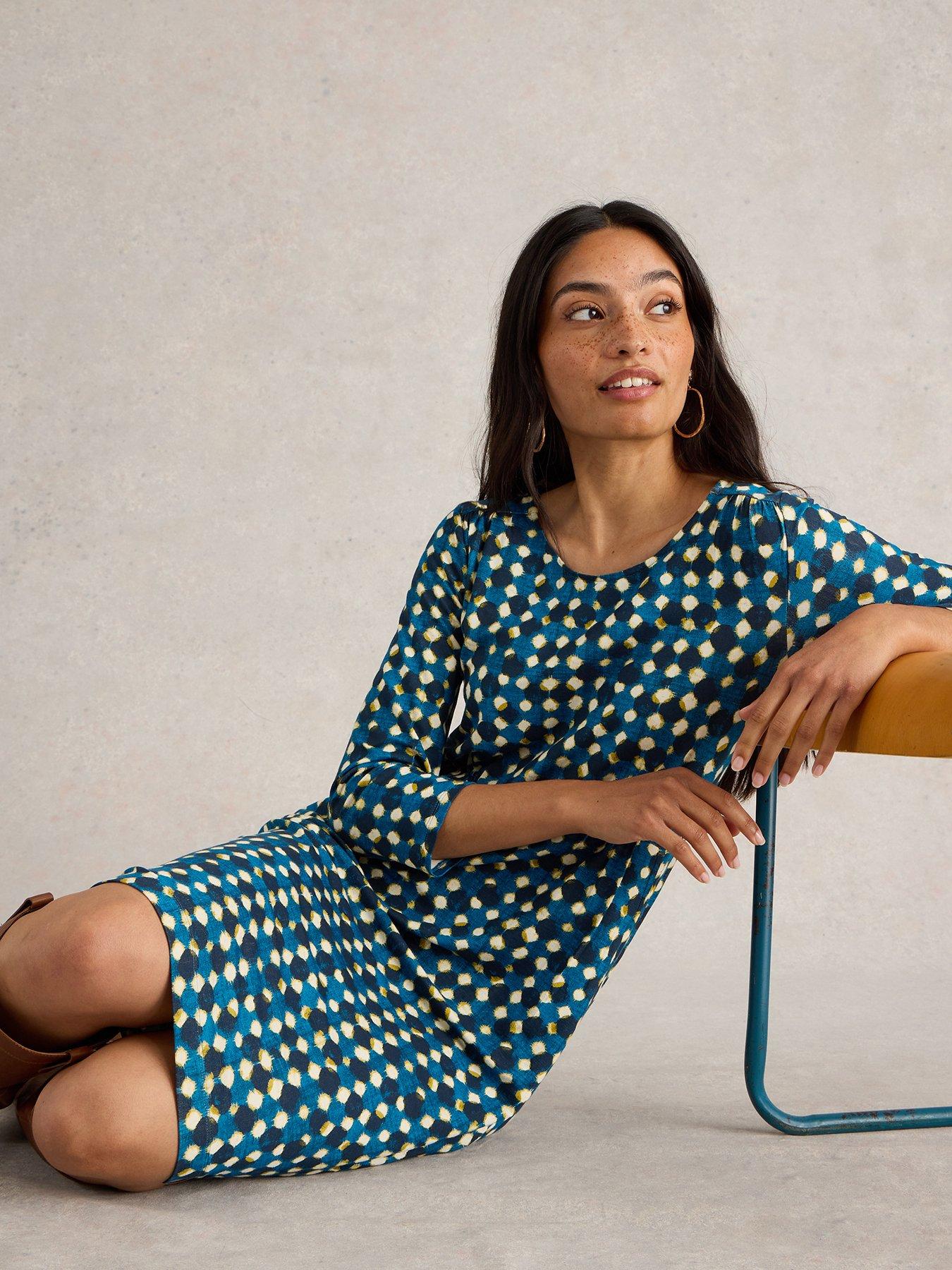 Image 3 of 5 of White Stuff Jersey Spot Column Knee Length Dress - Navy