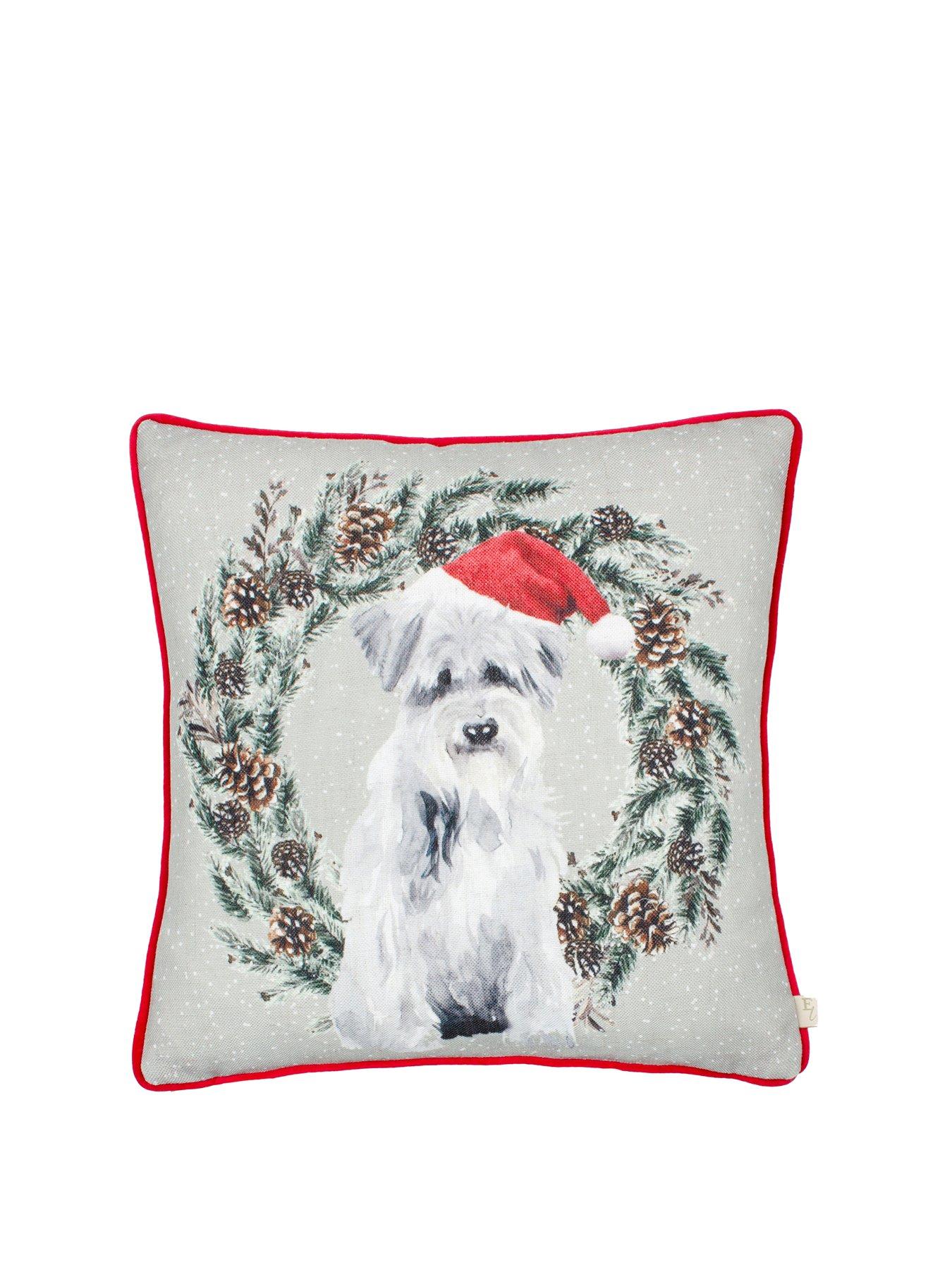 Product photograph of Evans Lichfield Christmas Dog Wreath Cushion from very.co.uk