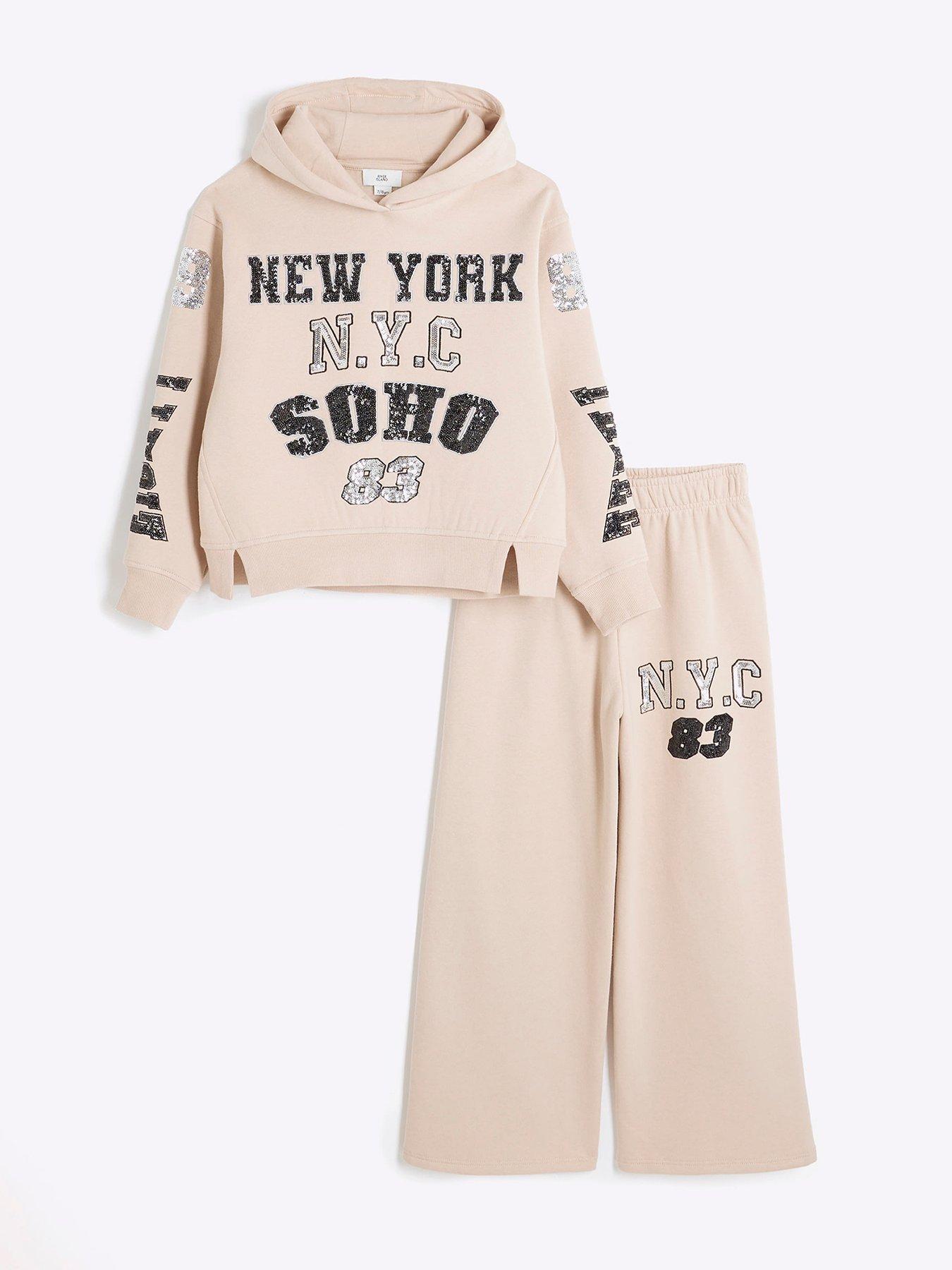 undefined Girls Sequin New York Hoodie Set - Beige