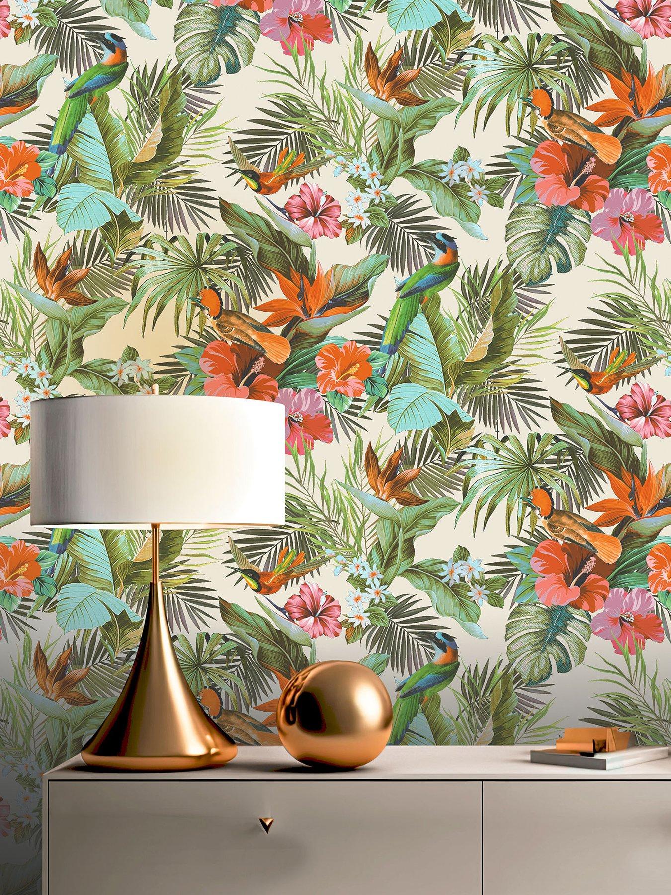 Product photograph of Rasch Paradise Birds Heavyweight Vinyl Wallpaper In White Multi from very.co.uk