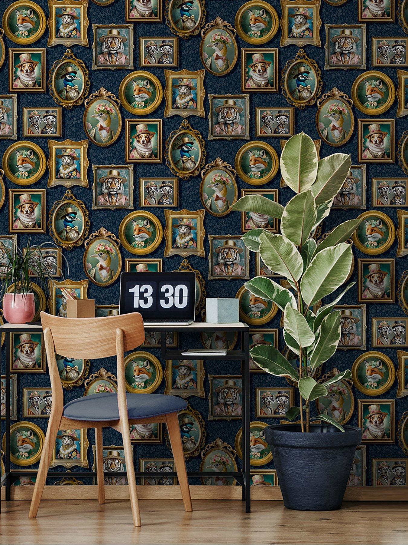 Product photograph of Holden Decor Regal Beasts Wallpaper In Navy from very.co.uk