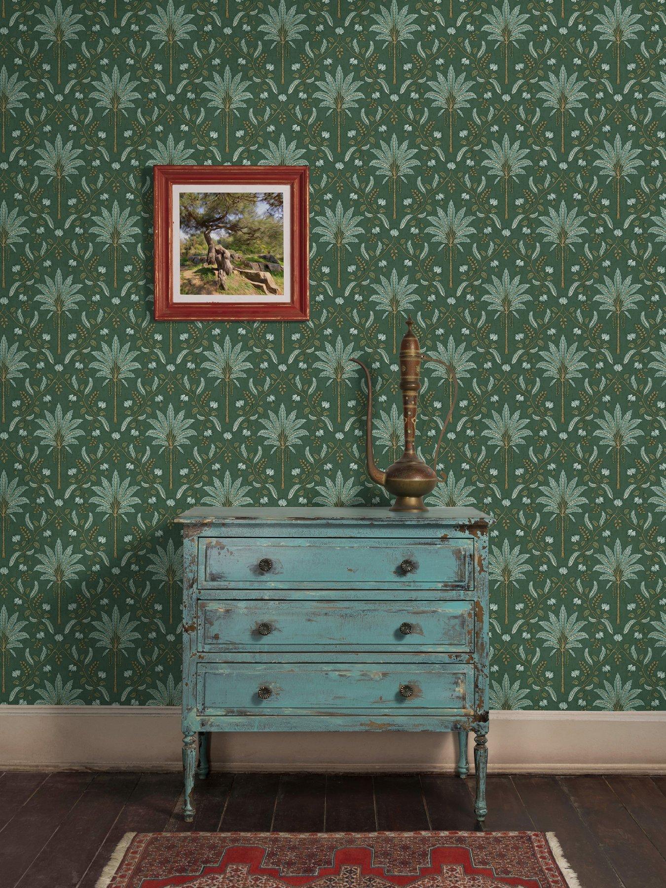 Product photograph of Holden Decor Palm Trellis Wallpaper In Green from very.co.uk