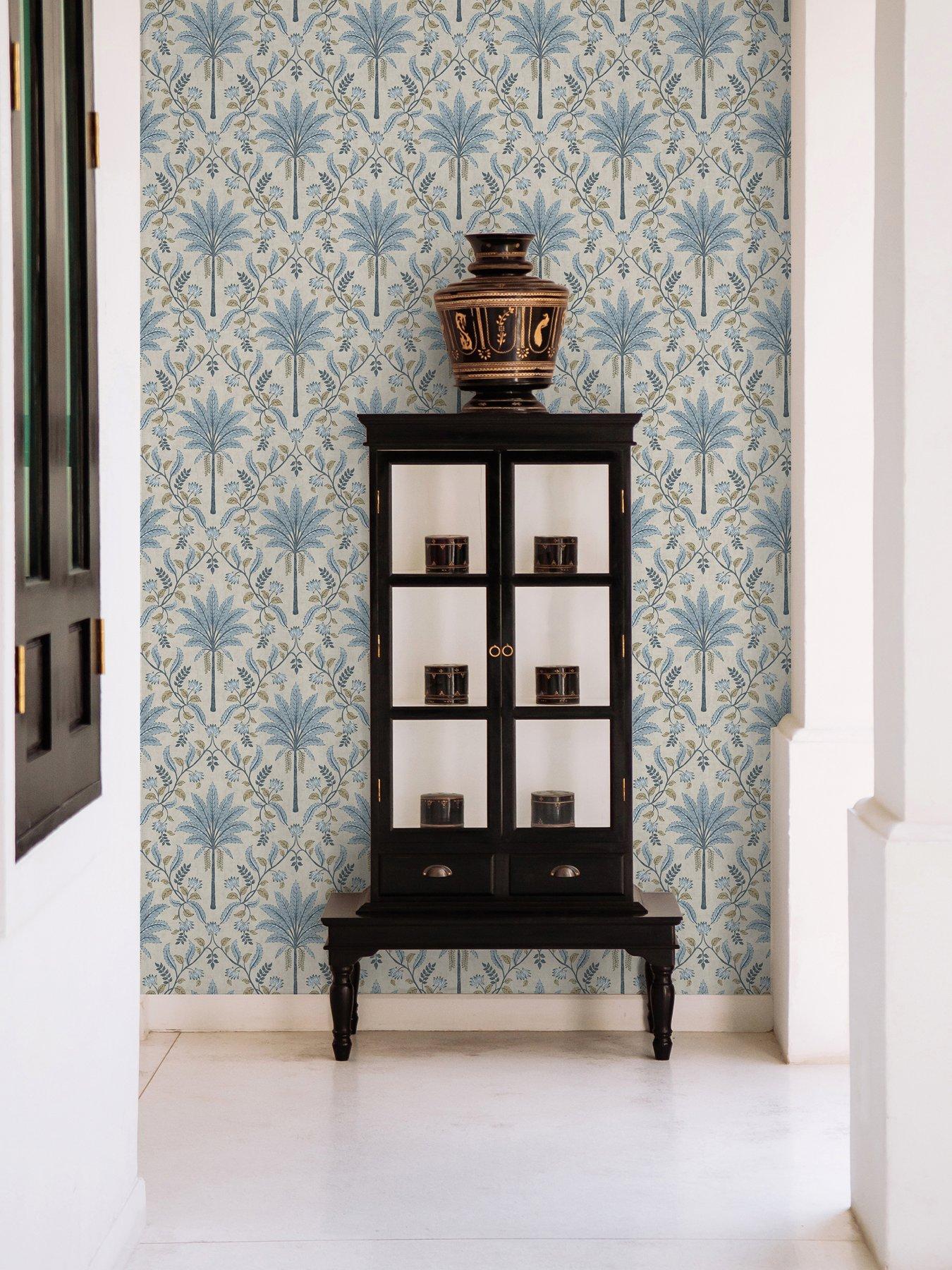 Product photograph of Holden Decor Palm Trellis Wallpaper - Blue from very.co.uk