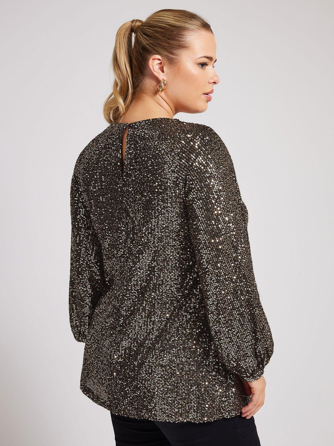 Image 2 of 4 of Yours Curve Sequin Keyhole Bellow Sleeve Top - Gold
