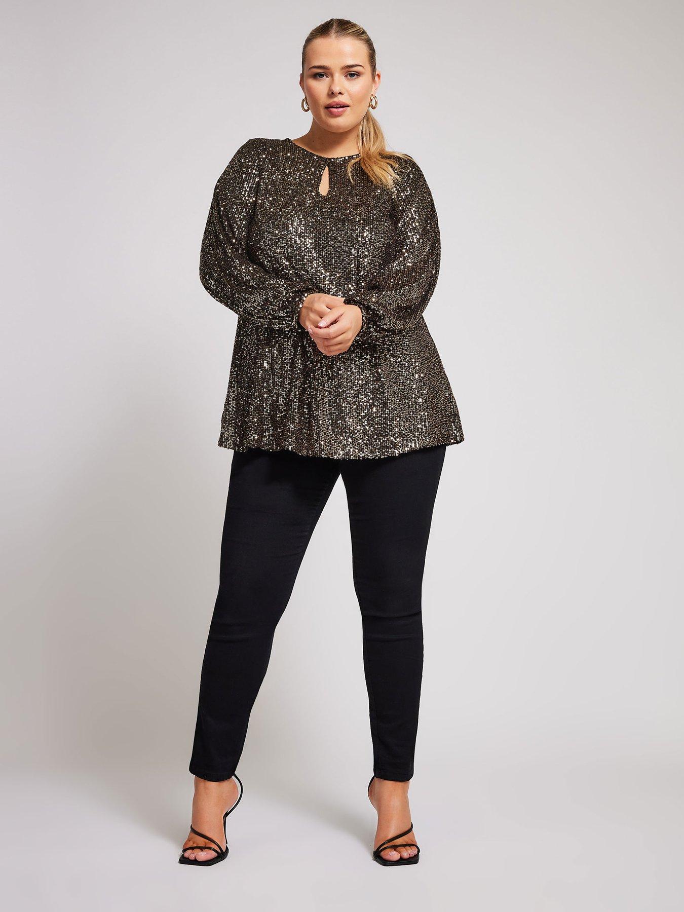 Yours Curve Sequin Keyhole Bellow Sleeve Top Gold Very