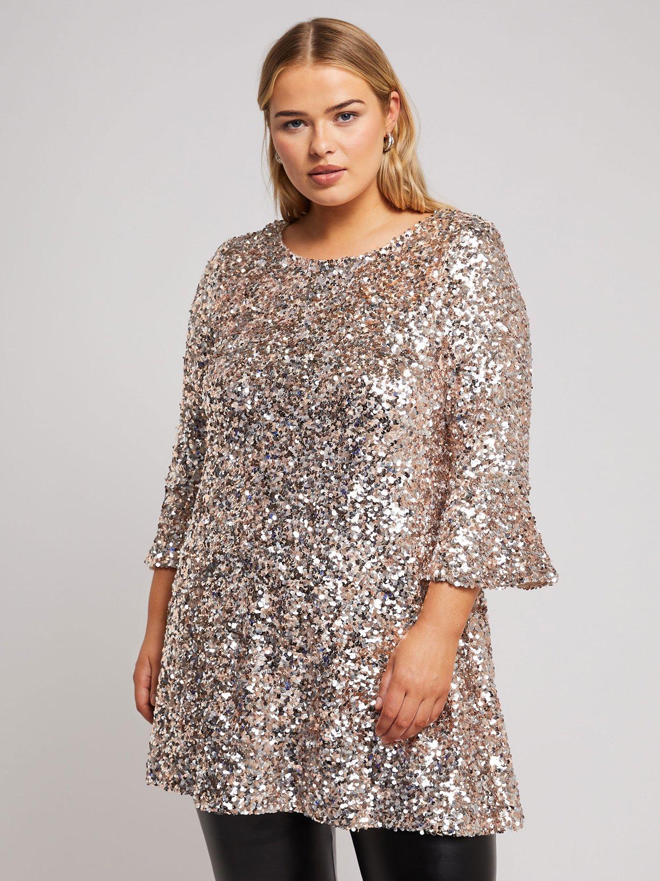 Yours Curve Sequin Flute Sleeve Top - Gold