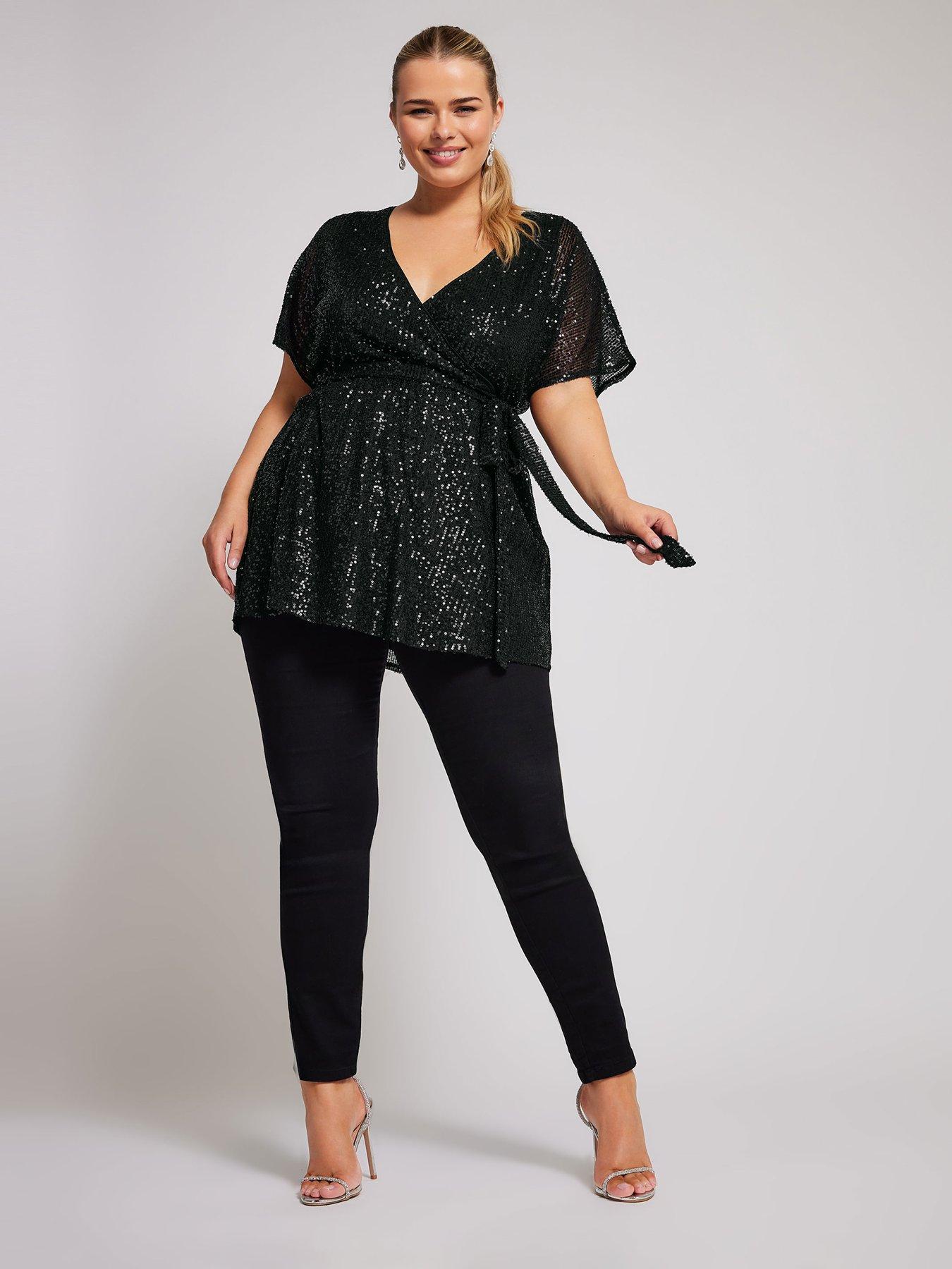 Image 3 of 4 of Yours Curve Sequin Wrap Top - Black