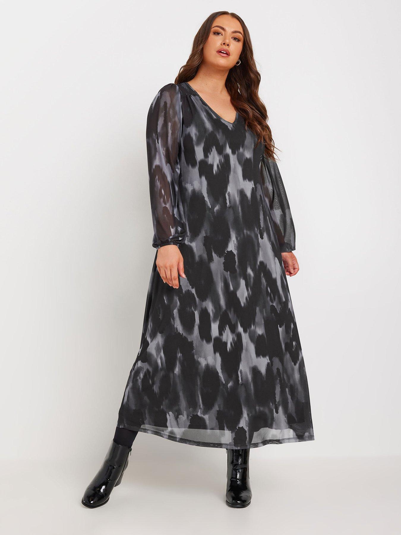 Image 1 of 4 of Yours Curve Balloon Sleeve Mesh Maxi Dress - Grey