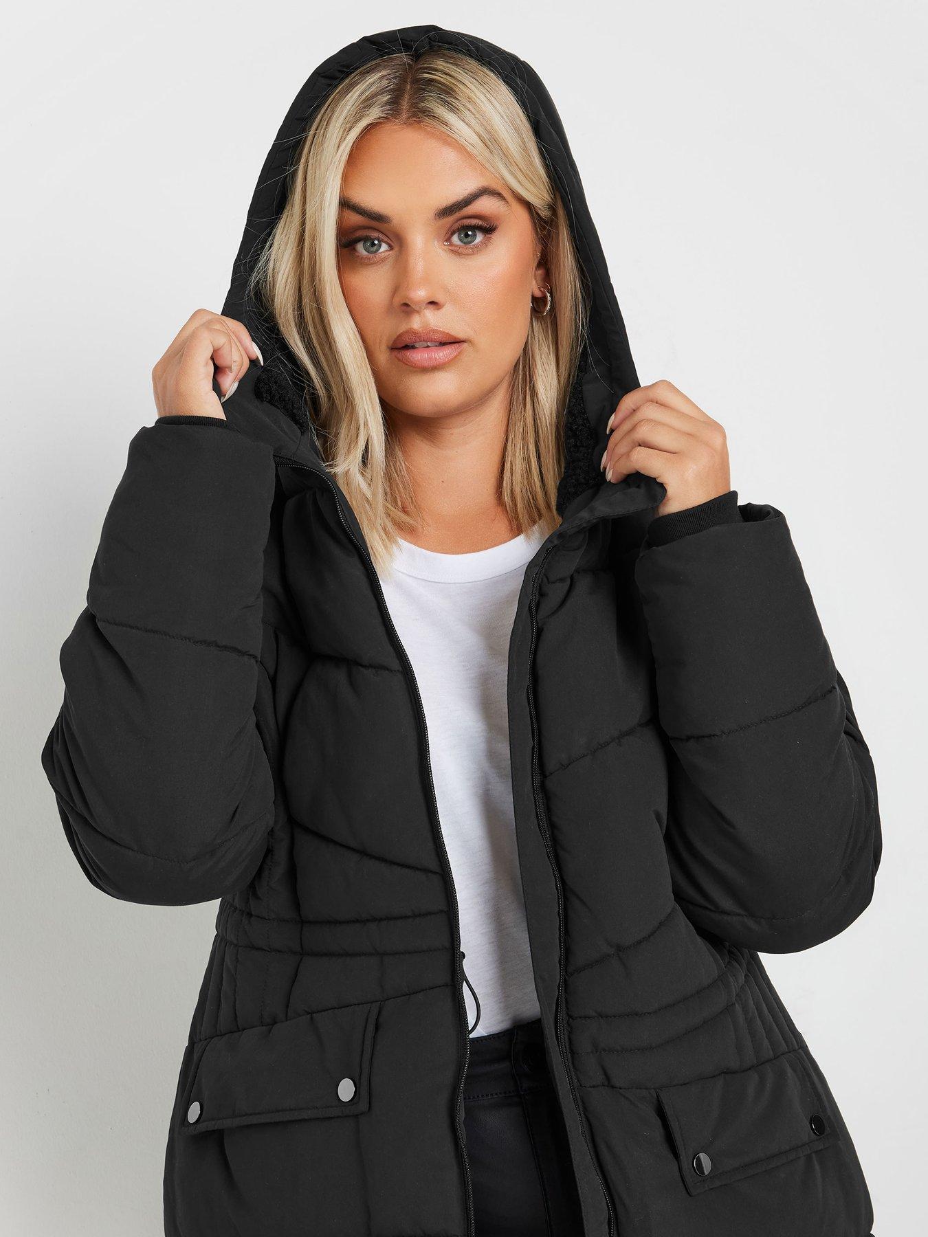 Yours Curve Borg Hooded Midi Padded Coat Black Very