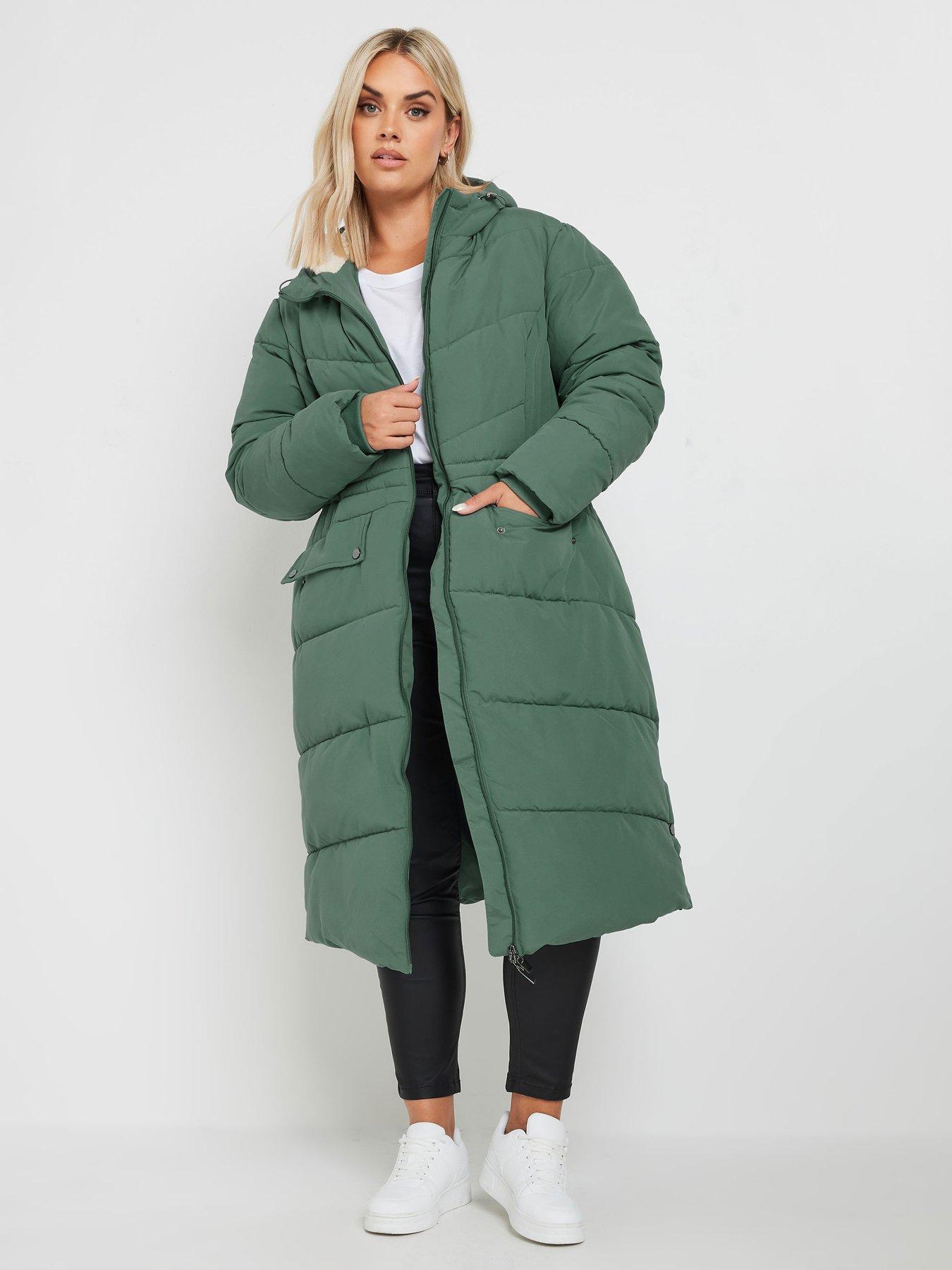 Image 1 of 4 of Yours Curve Borg Hooded Midi Padded Coat - Green