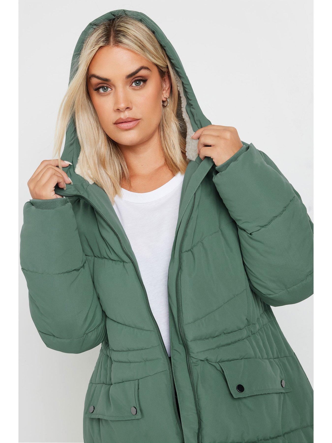 Image 4 of 4 of Yours Curve Borg Hooded Midi Padded Coat - Green