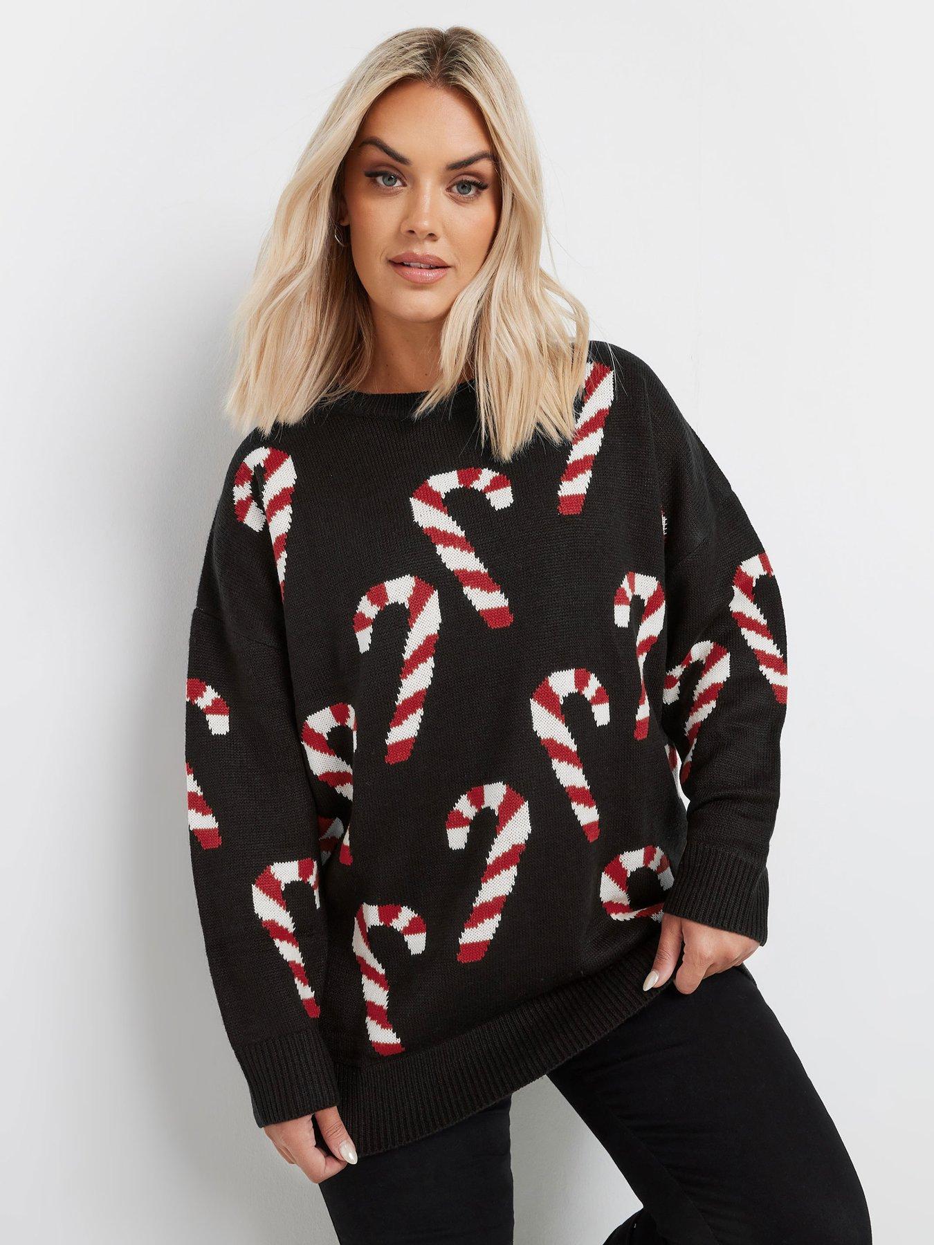 Yours Curve Christmas Candy Cane Jumper Black Very